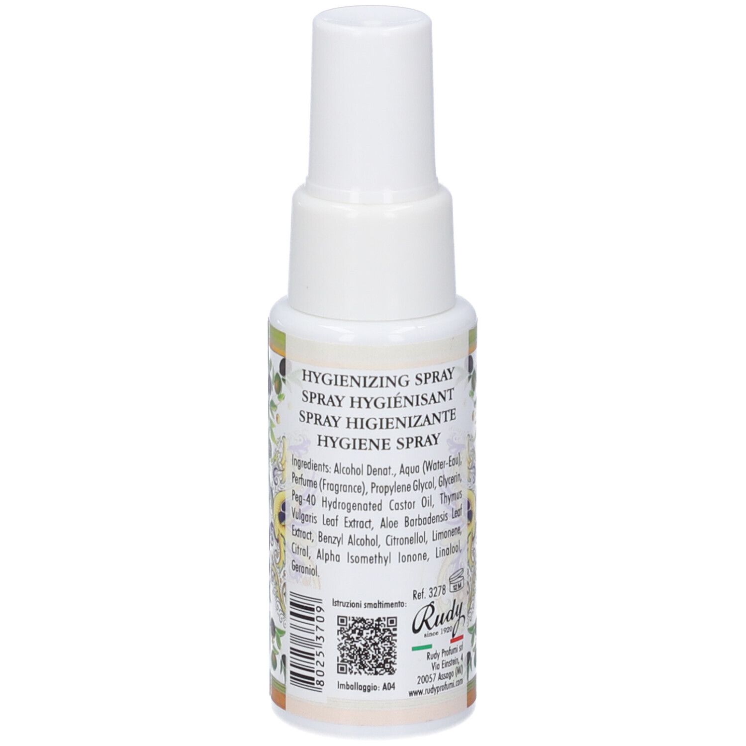 Retro di un flacone spray con ingredienti, codice a barre e logo Rudy.