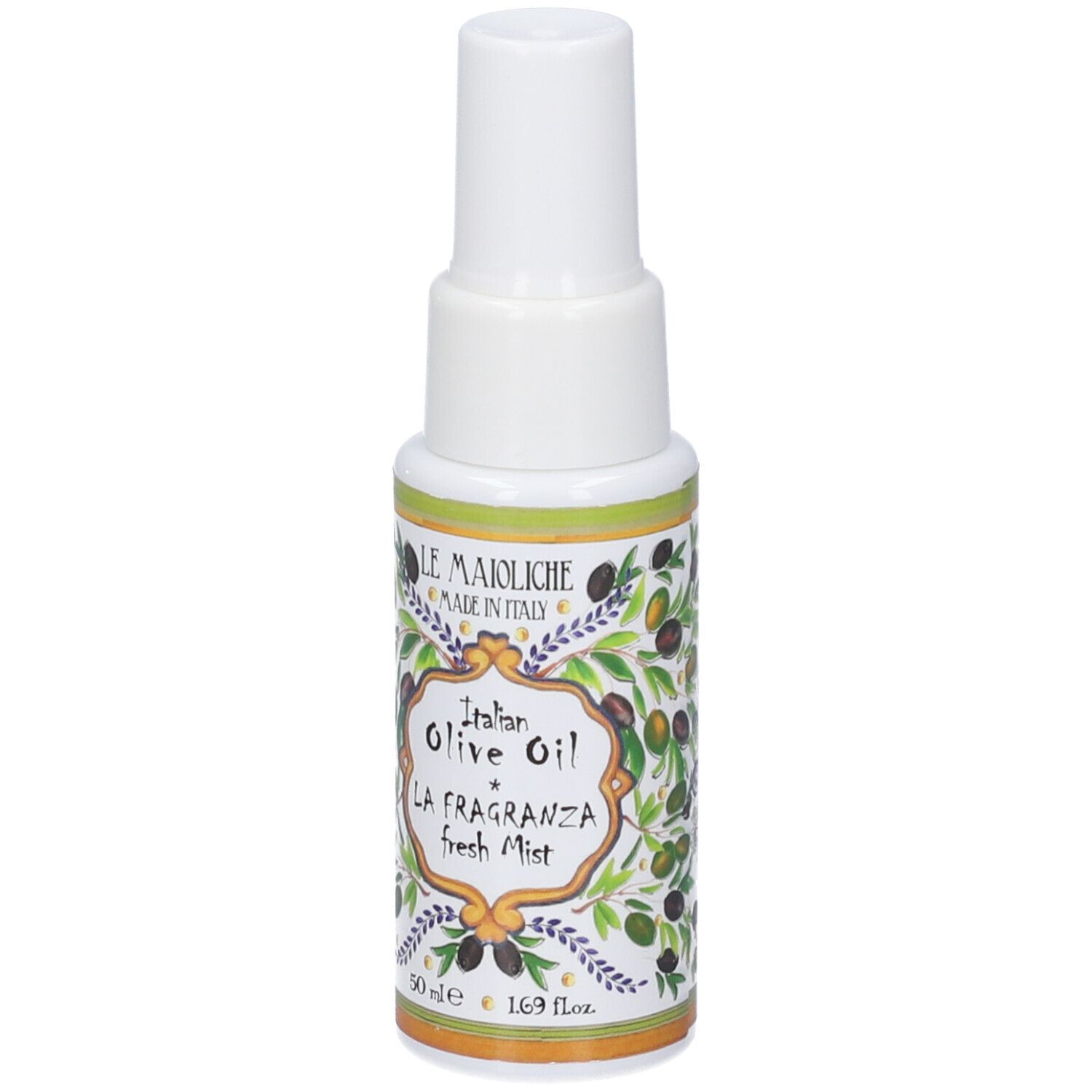 Piccola bottiglia spray bianca con motivo di ulivo e scritta 'Italian Olive Oil'.