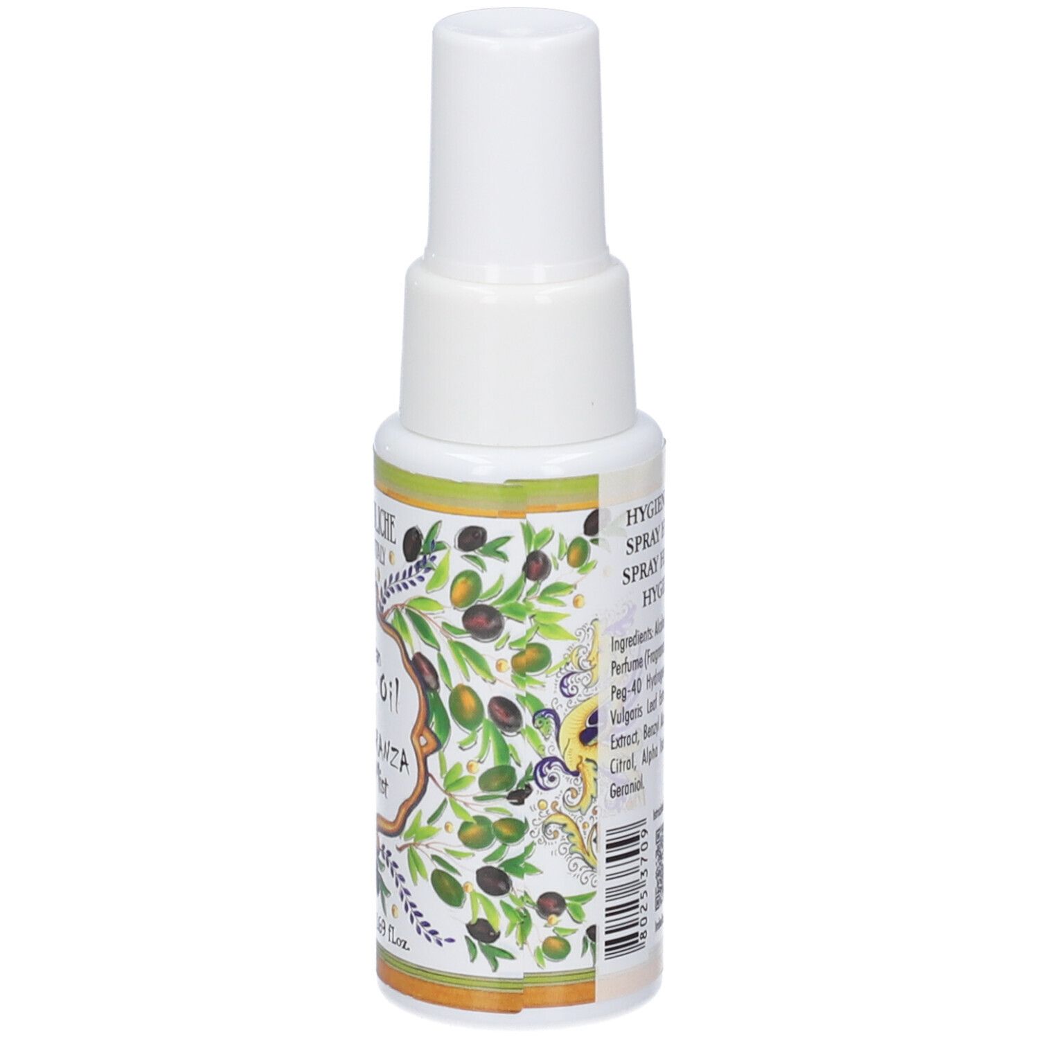 Flacone spray bianco con motivo di olive e elenco dettagliato degli ingredienti sul retro.