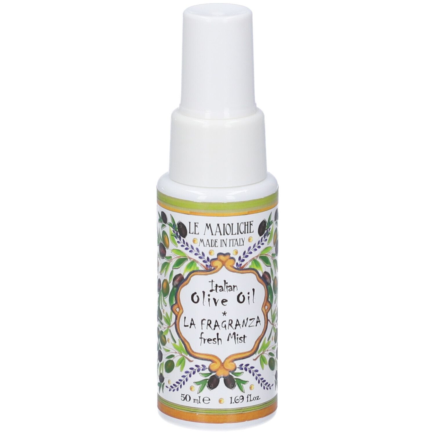 Piccola bottiglia spray bianca con motivo di ulivo e scritta 'Italian Olive Oil'.