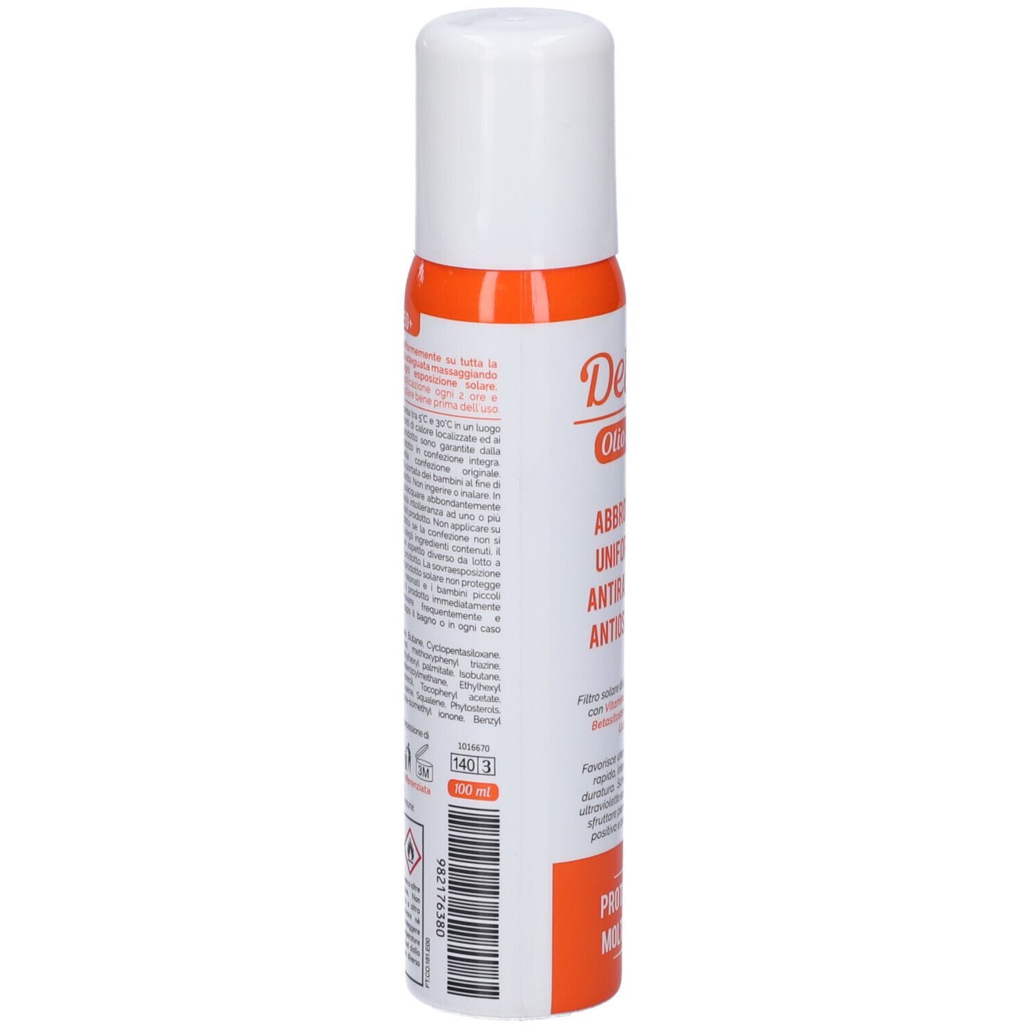 Flacone spray cilindrico, tappo bianco, etichetta arancione. Testo: Delisol, Oilo Spray, Ingredienti, 100 ml.
