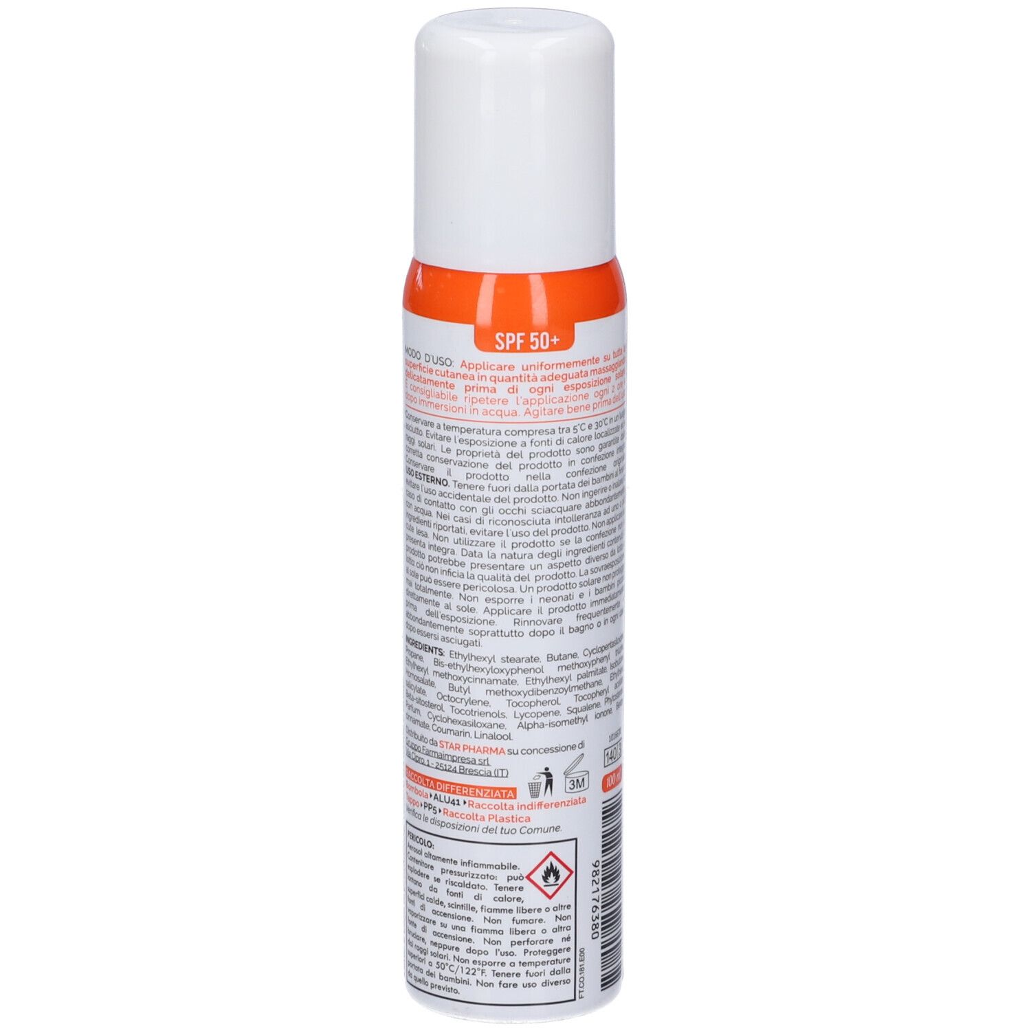 Flacone spray cilindrico, tappo bianco, etichetta arancione. Testo: SPF 50+, Avvertenze, Ingredienti.