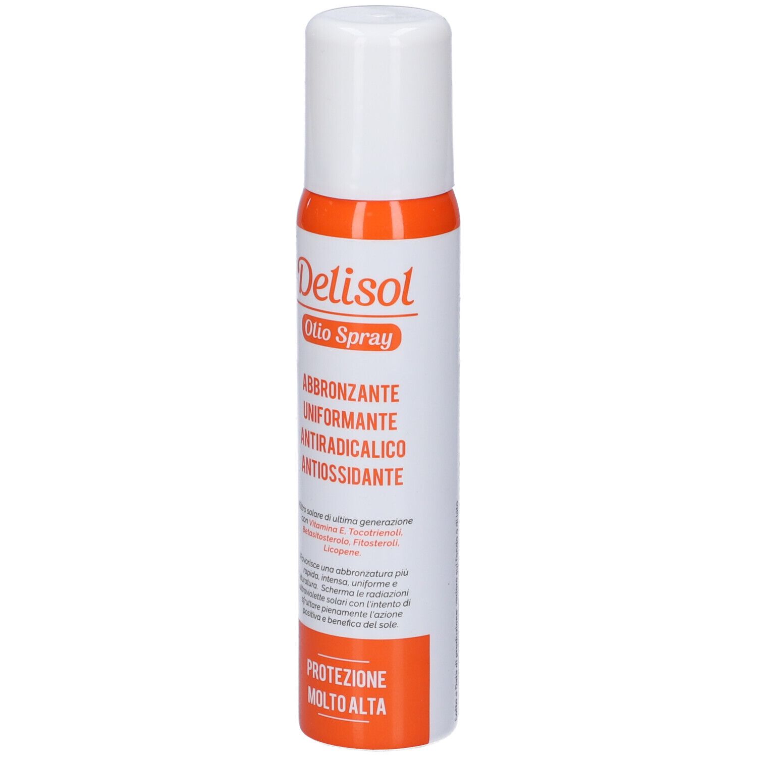 Flacone spray cilindrico, tappo bianco, etichetta arancione. Testo: Delisol, Oilo Spray, Protezione.