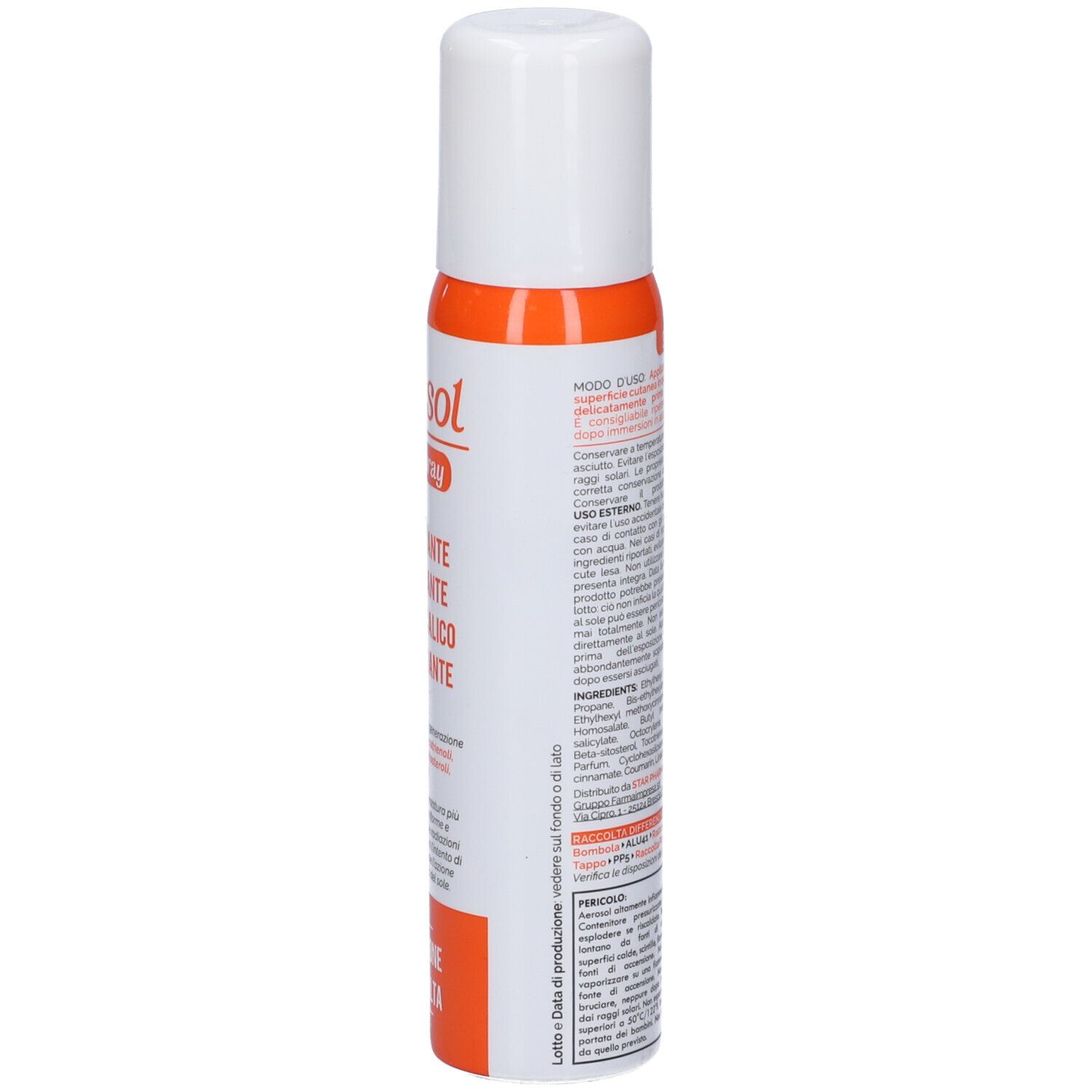 Flacone spray cilindrico, tappo bianco, etichetta arancione. Testo: Delisol, Oilo Spray, Ingredienti.