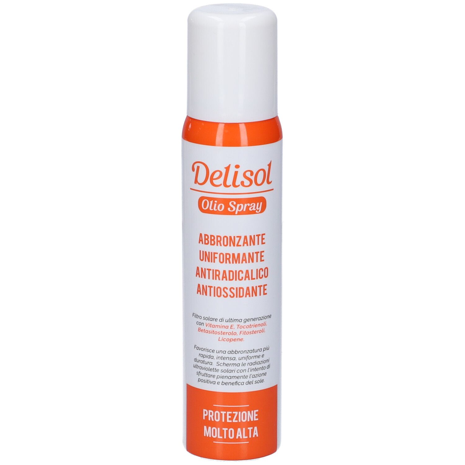 Flacone spray cilindrico, tappo bianco, etichetta arancione. Testo: Delisol, Oilo Spray, Protezione.