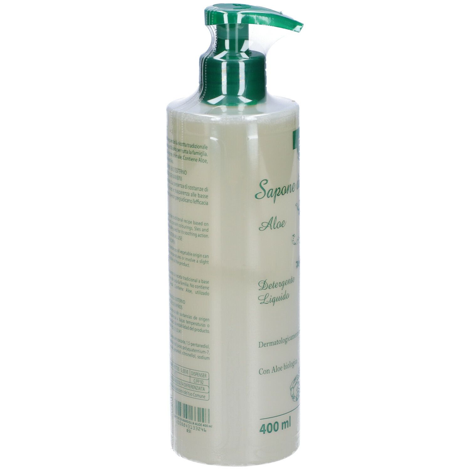 Flacone con dosatore verde. Retro con testo. 400 ml. Imballaggio trasparente.