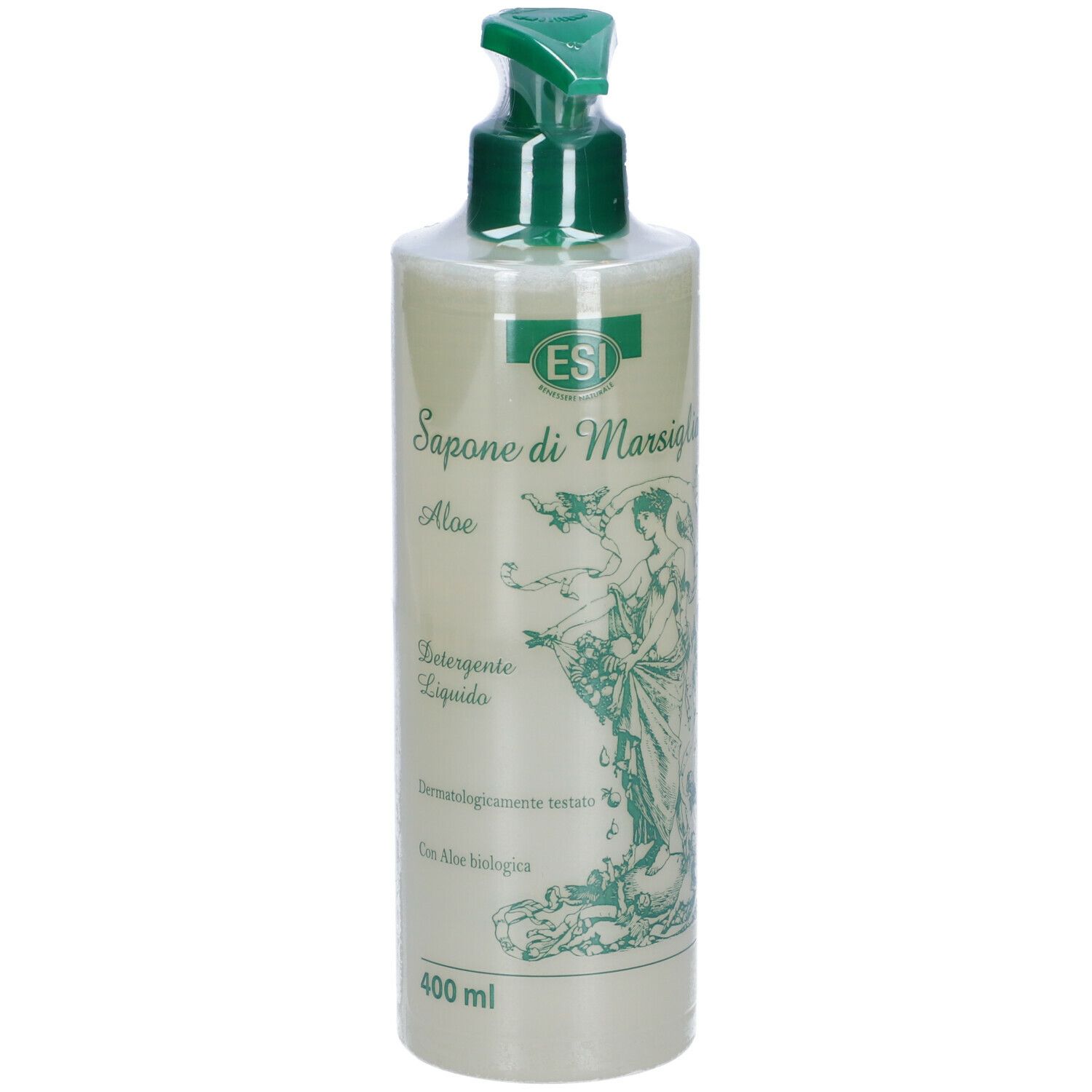 Flacone con dosatore verde. Scritta: ESI Sapone di Marsiglia Aloe. Illustrazione di donna. 400 ml.