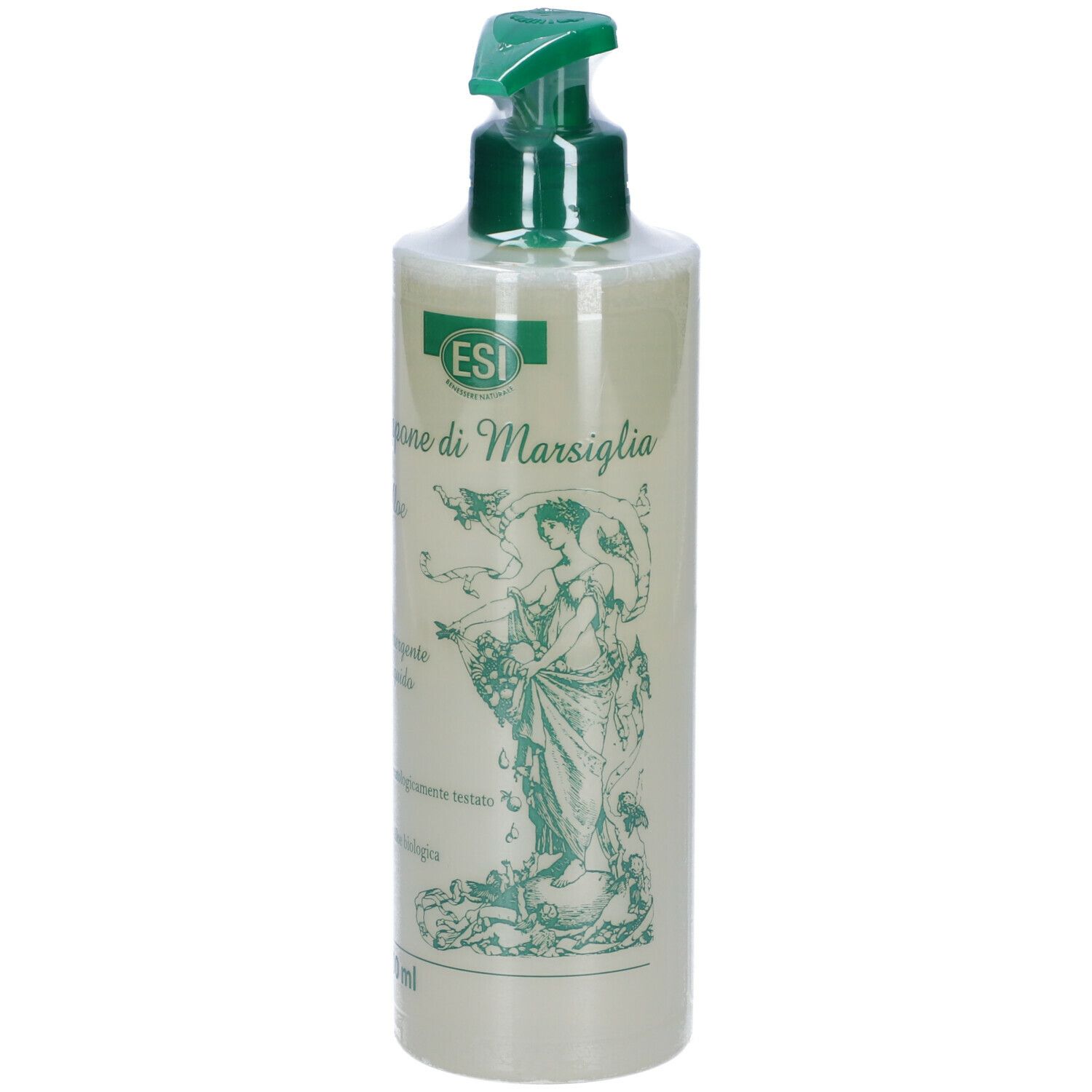 Flacone con dosatore verde. Scritta: ESI Sapone di Marsiglia. Illustrazione di donna. 400 ml.