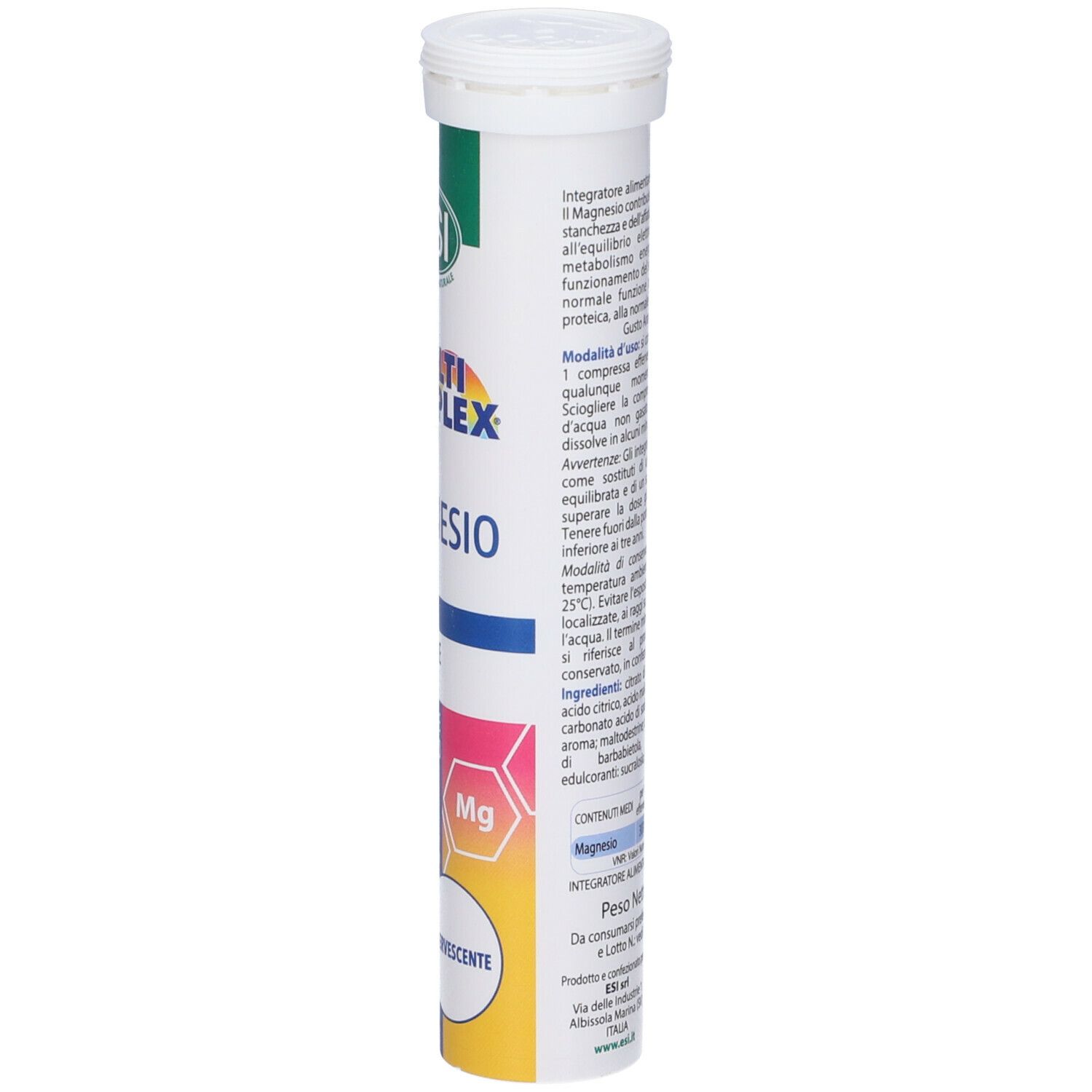 Tubo cilindrico bianco. ESI Multicomplex Magnesio Effervescente. 20 compresse. Ingredienti.
