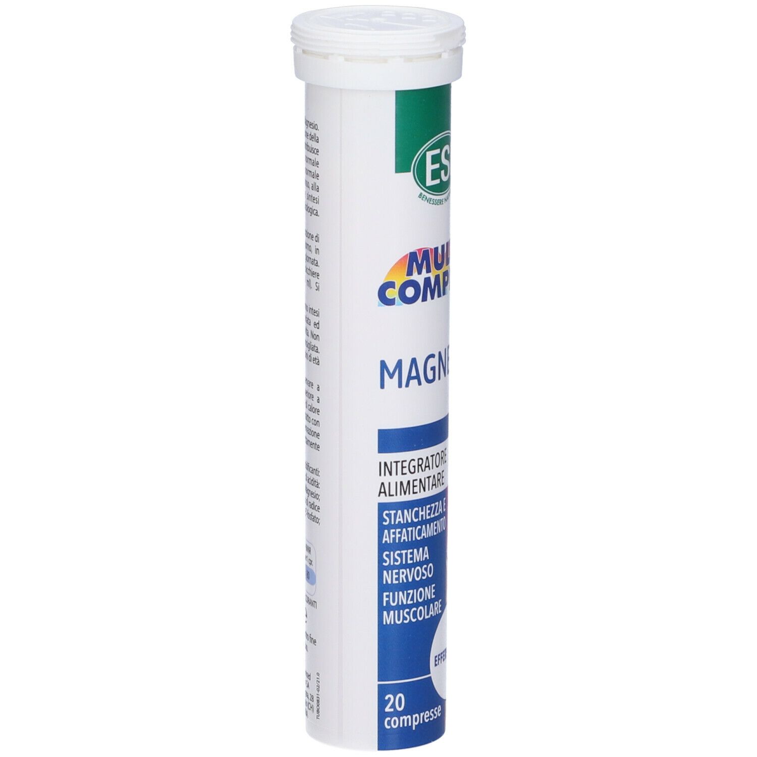 Tubo cilindrico bianco. ESI Multicomplex Magnesio Effervescente. 20 compresse effervescenti.