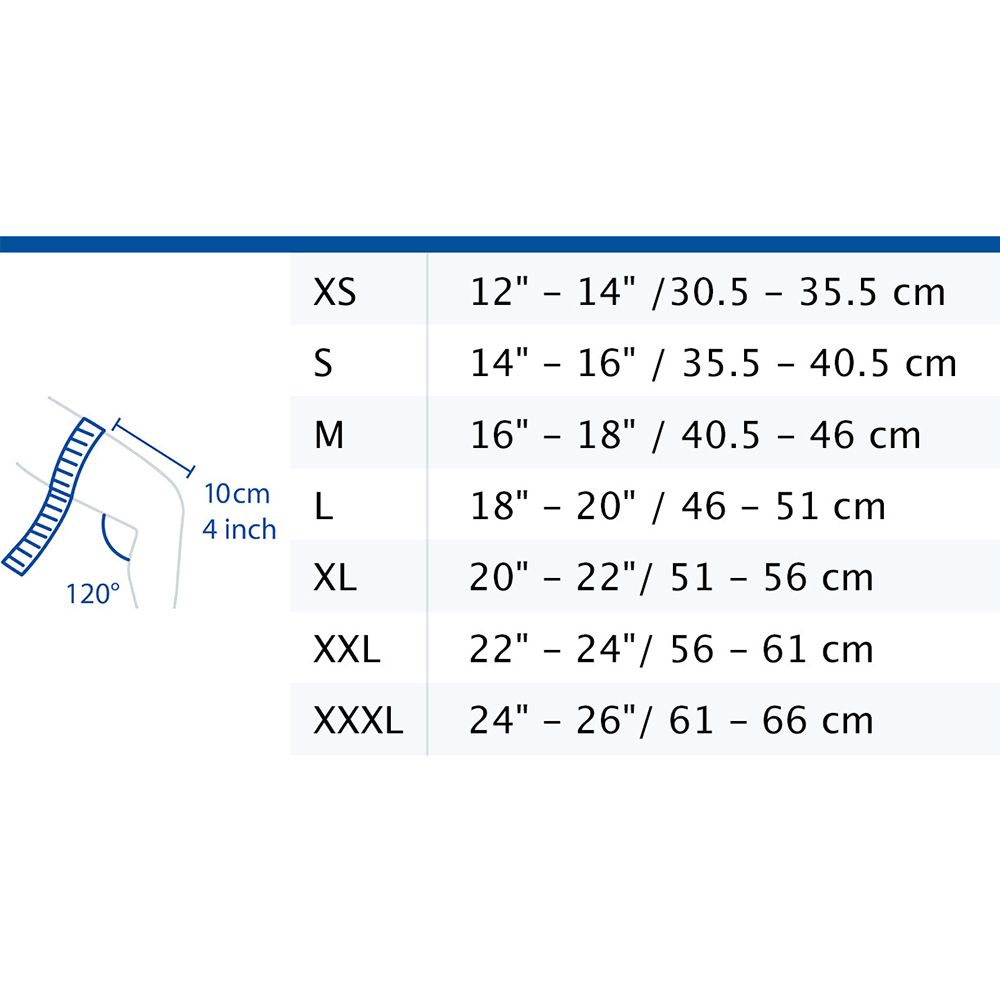 Tabella taglie per ginocchiere. Taglie: XS a XXXL. Misure in pollici e centimetri. Diagramma angolare.