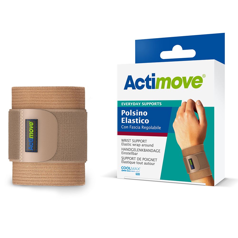 Actimove Everyday Supports Polsino Elastico. Polsino elastico beige e confezione. Prodotto e confezione affiancati.