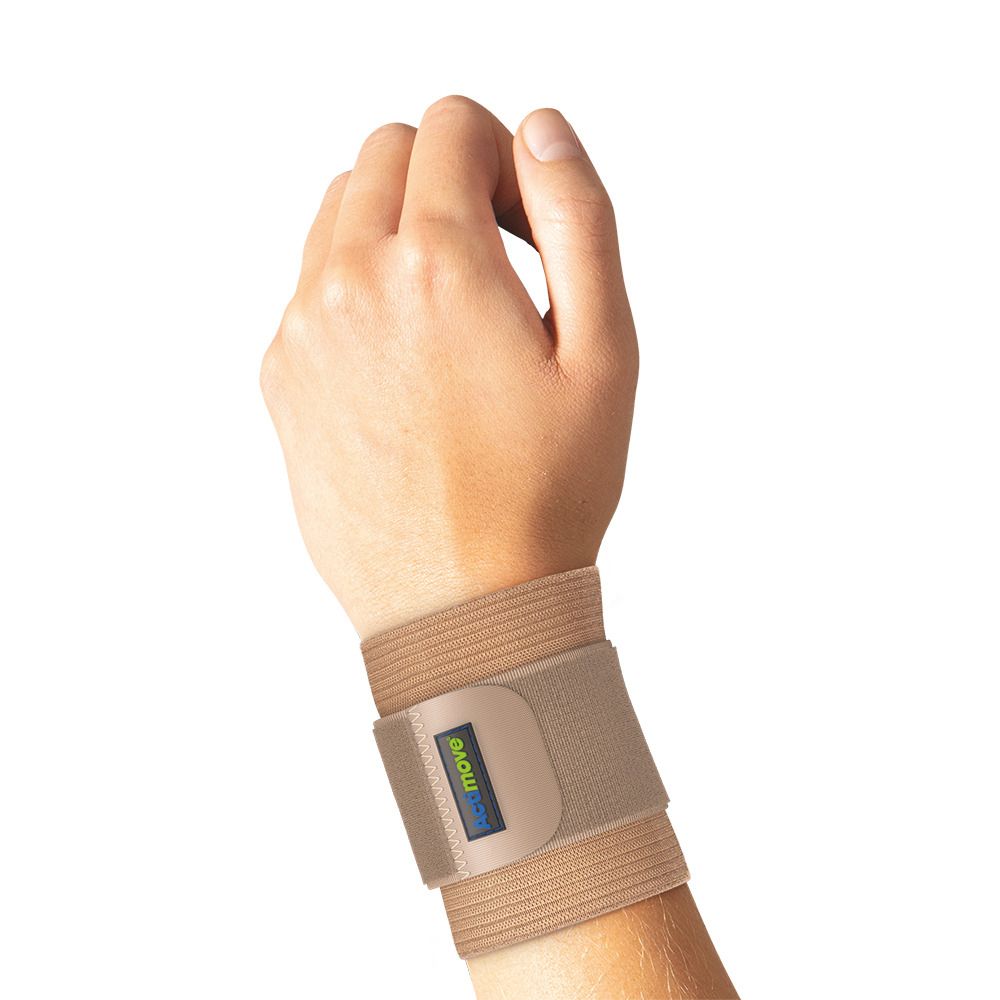 Actimove Everyday Supports Polsino Elastico. Polsino elastico beige sul polso. Vista dall'alto.