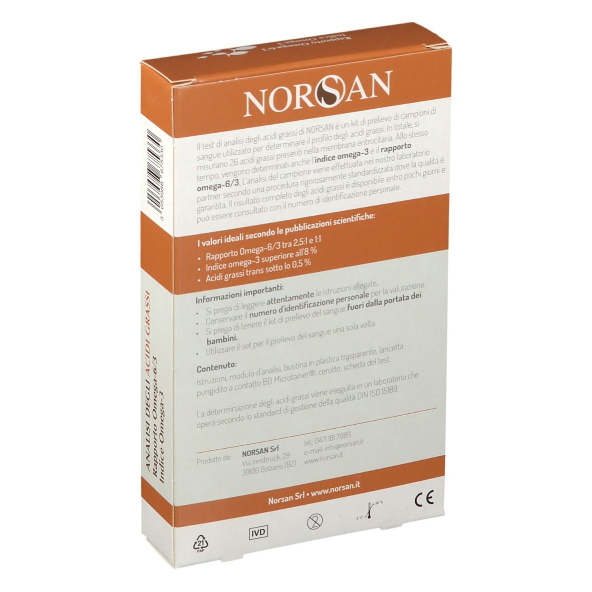 Retro della confezione del kit NORSAN. Informazioni testuali e marchio CE. Scritta: ANNALISI DEGLI ACIDI GRASSI.