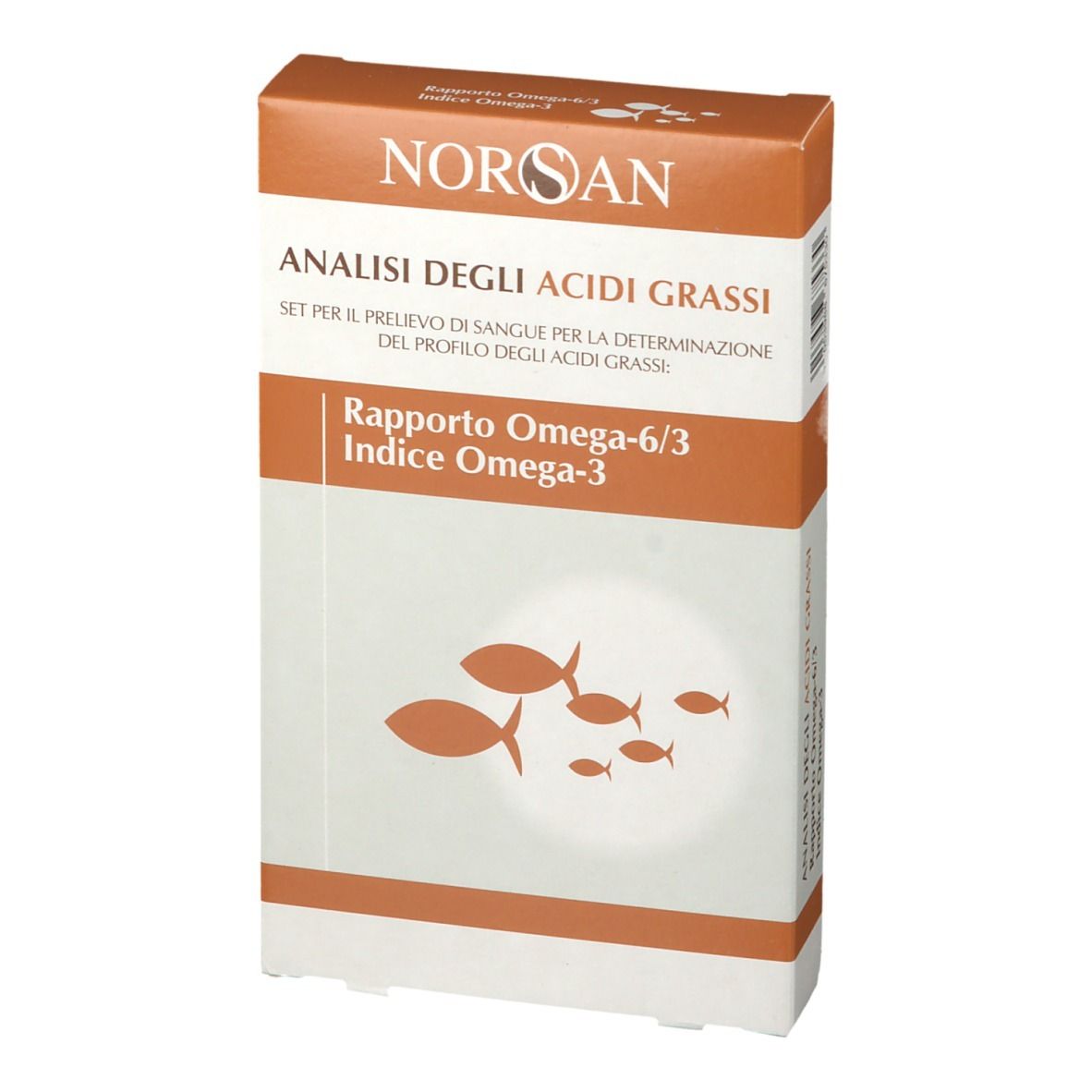 Vista frontale della confezione del kit NORSAN. Scritta: ANNALISI DEGLI ACIDI GRASSI. Rapporto Omega-6/3, Indice Omega-3. Illustrazioni di pesci.