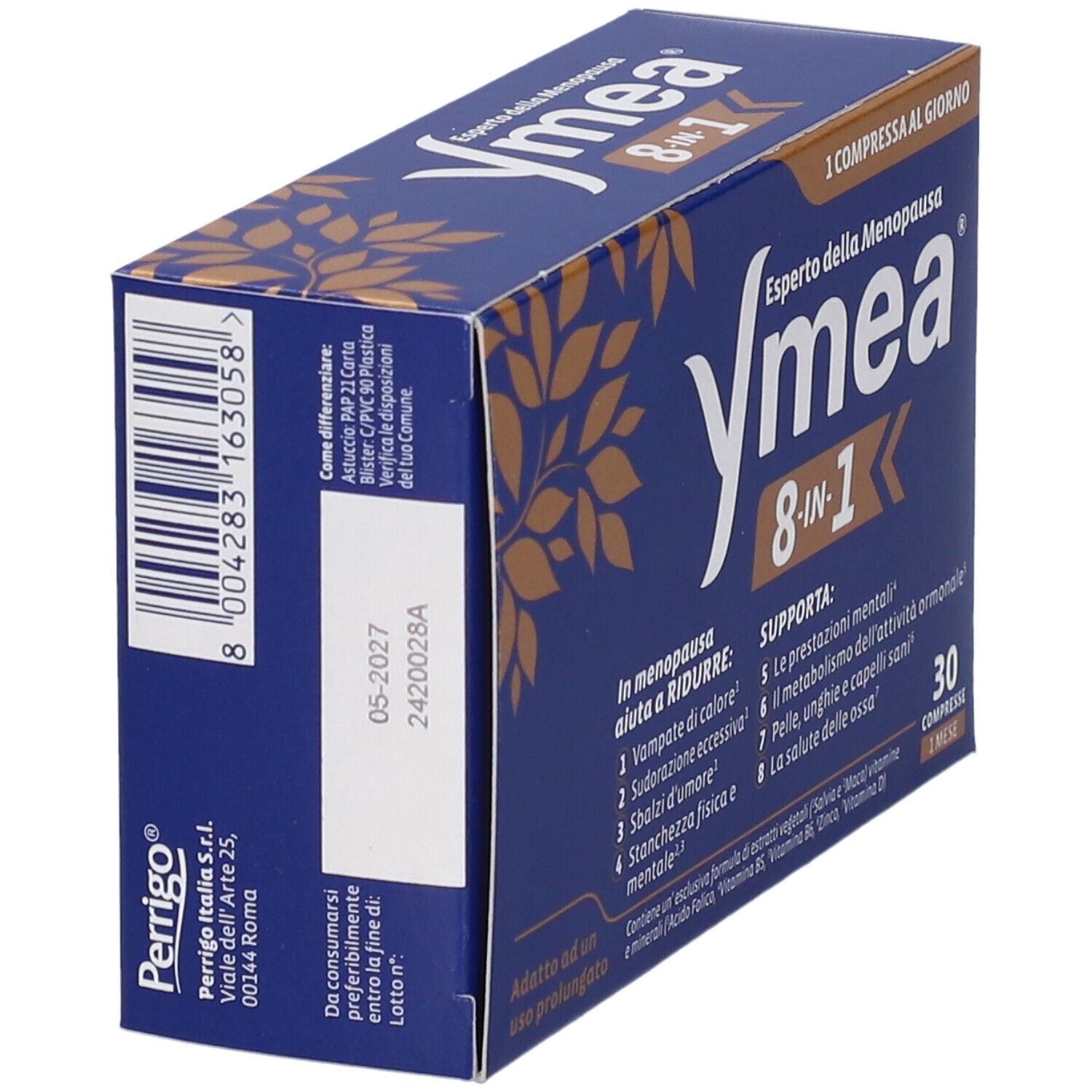 Scatola Ymea 8-in-1, blu e oro. Testo: Experto della Menopausa. Informazioni sulla scadenza e produttore.