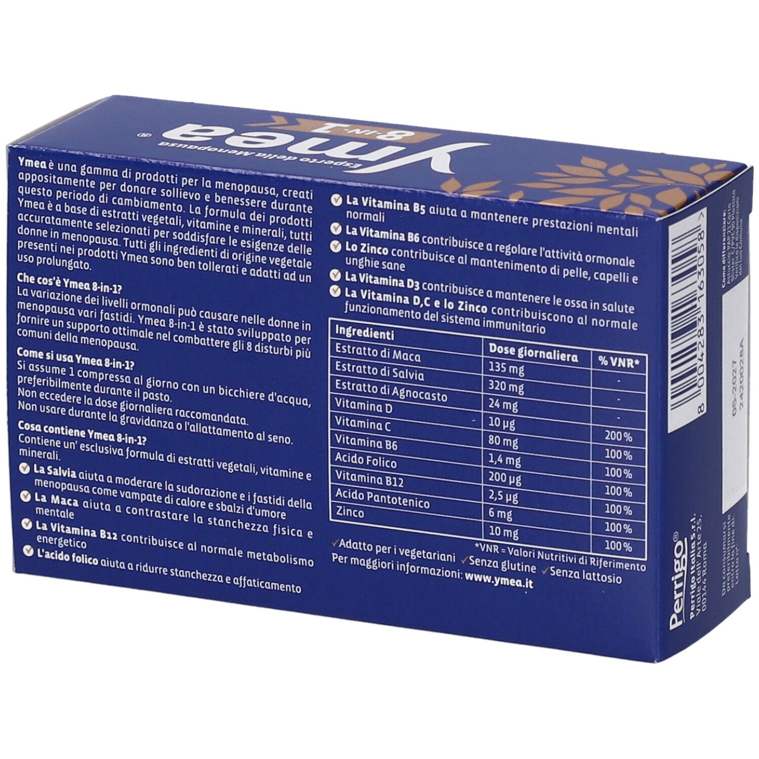 Retro della confezione Ymea 8-in-1. Contiene informazioni sugli ingredienti e l'uso.