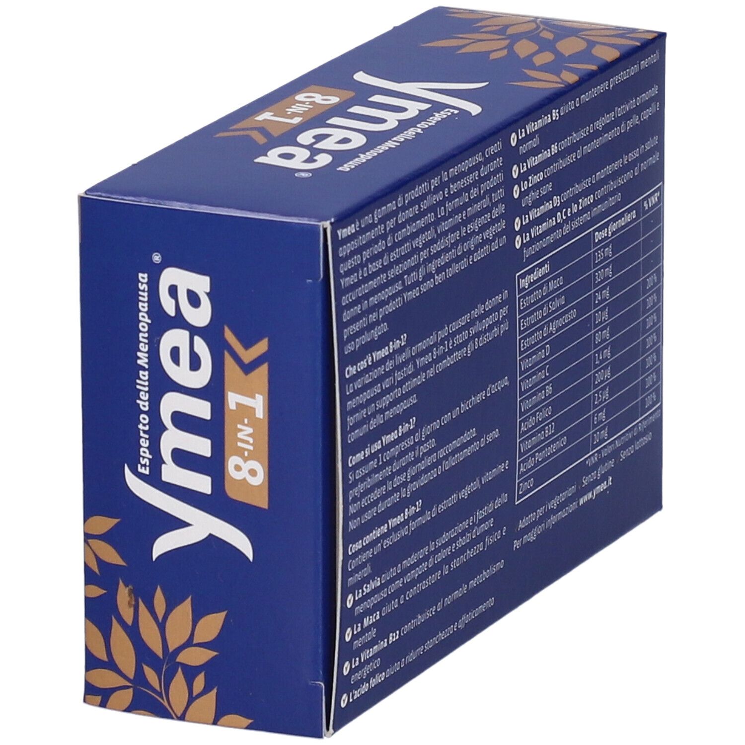 Vista laterale della confezione Ymea 8-in-1. Contiene informazioni sugli ingredienti e l'uso.