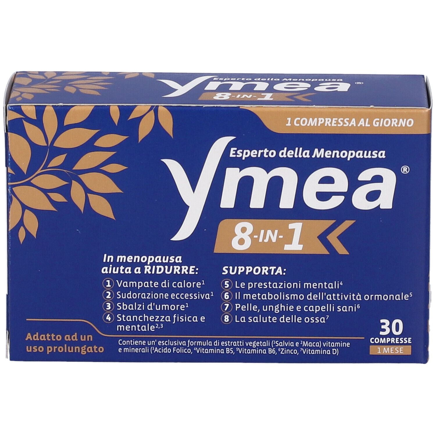 Scatola Ymea 8-in-1, blu e oro. Testo: Experto della Menopausa. 30 compresse. Aiuta con i disturbi della menopausa.