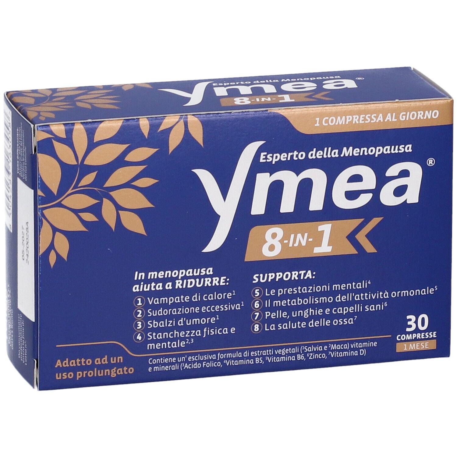 Scatola Ymea 8-in-1, blu e oro. Testo: Experto della Menopausa. 30 compresse. Aiuta con i disturbi della menopausa.