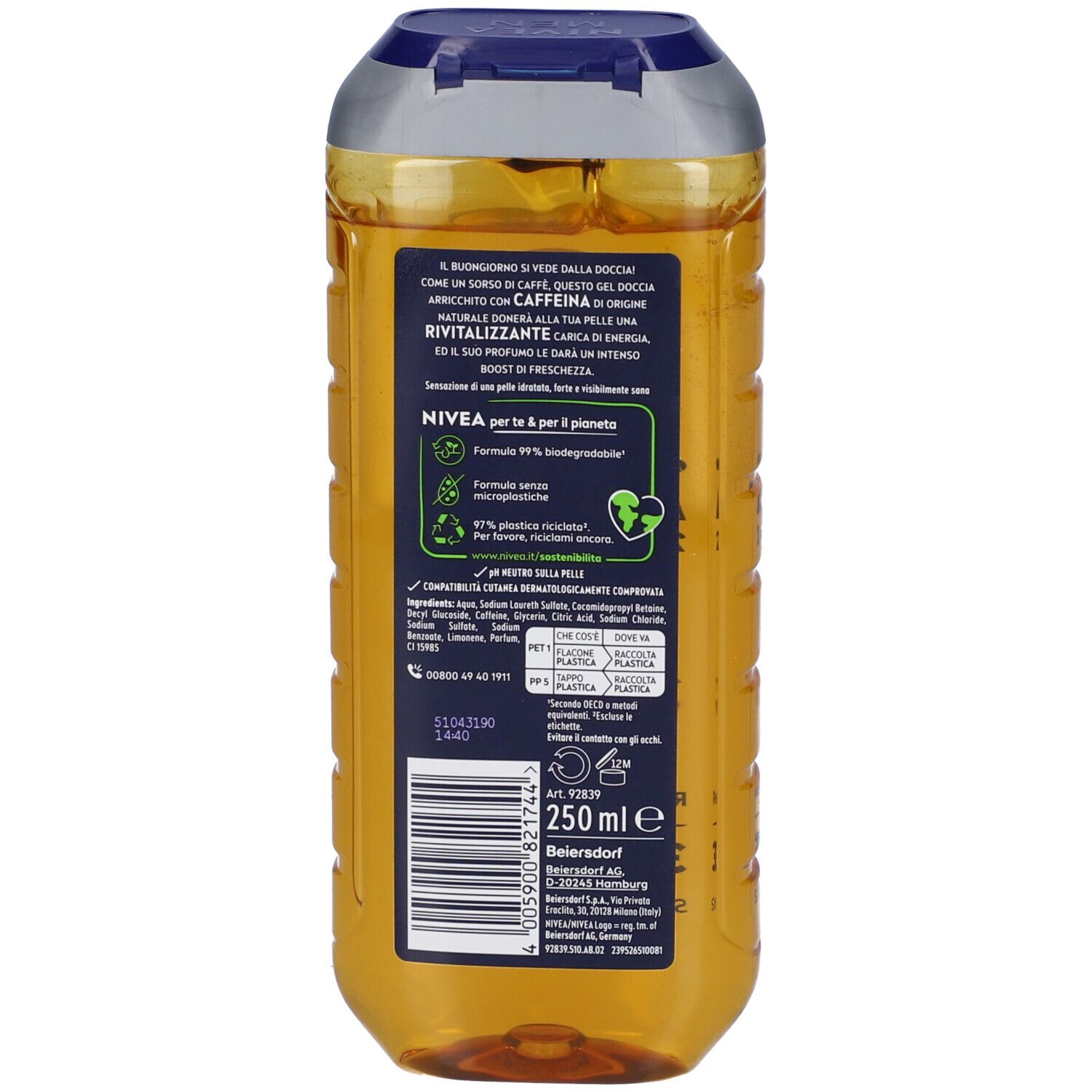 Retro del flacone di gel doccia NIVEA MEN BOOST. Testo in italiano. Contiene informazioni sugli ingredienti e il riciclo.