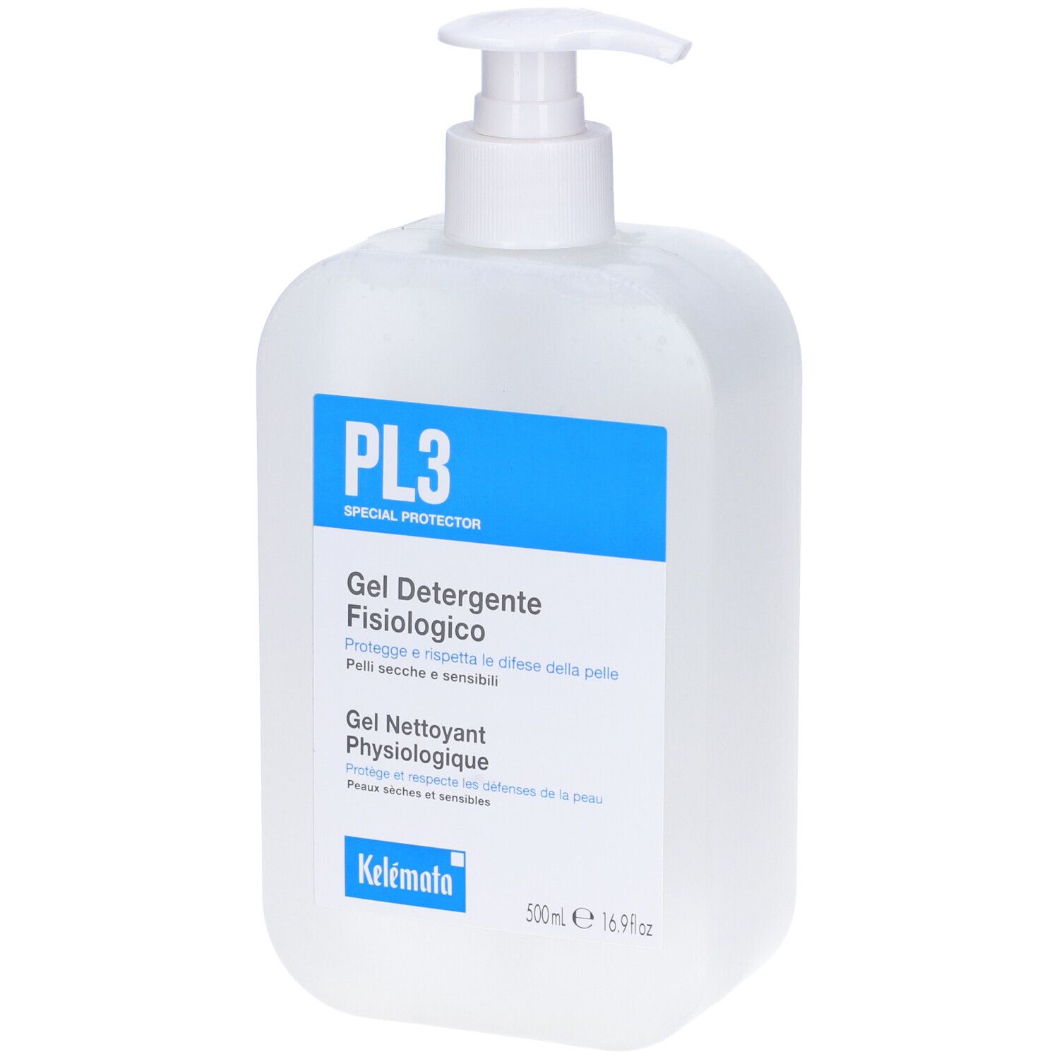 Dispenser bianco con etichetta blu. Scritta PL3, Gel Detergente Fisiologico. Marchio Kelemata.