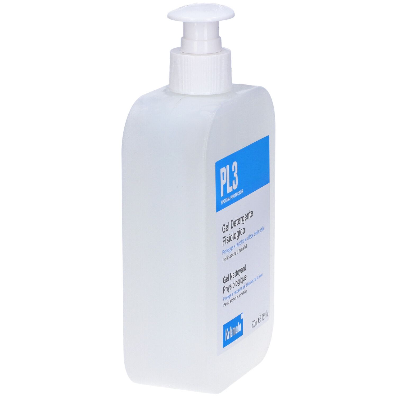 Dispenser bianco con etichetta blu. Scritta PL3, Gel Detergente Fisiologico. Marchio Kelemata.