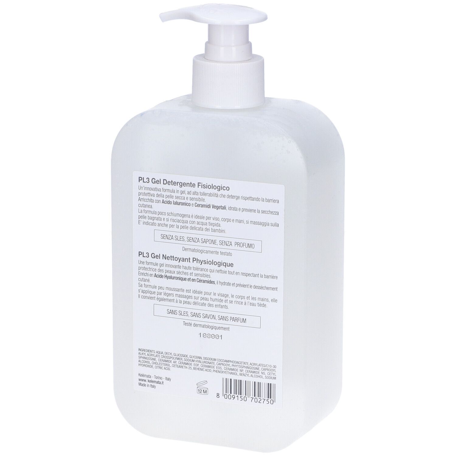 Dispenser bianco con testo. Scritta PL3, Gel Detergente Fisiologico. Retro con informazioni.