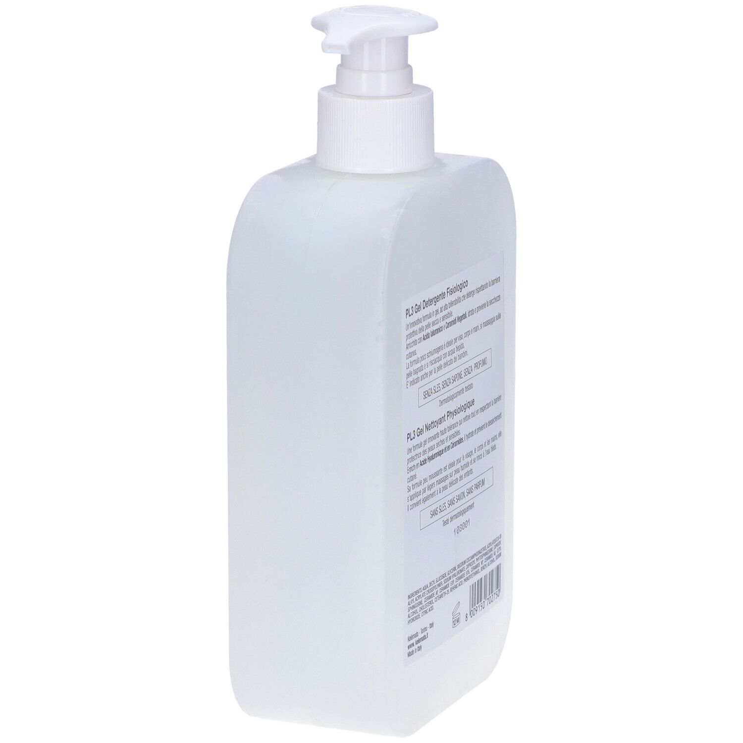 Dispenser bianco con testo. Scritta PL3, Gel Detergente Fisiologico. Retro con informazioni.