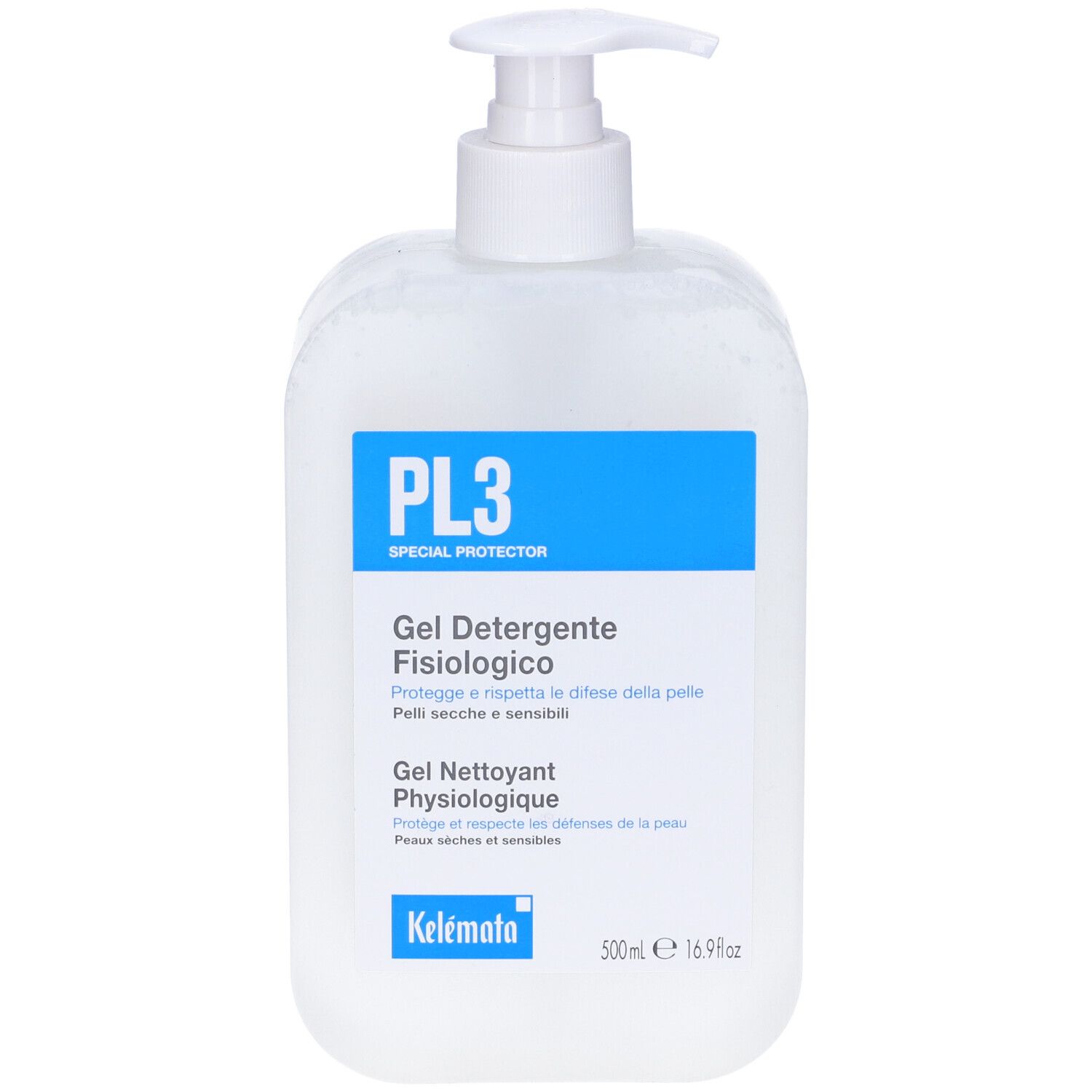Dispenser bianco con etichetta blu. Scritta PL3, Gel Detergente Fisiologico. Marchio Kelemata.