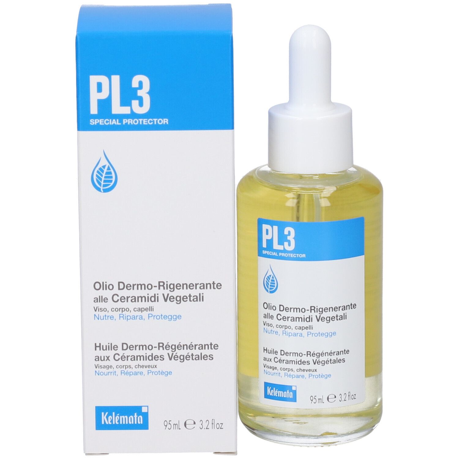 PL3 Special Protector Olio per la pelle con ceramidi vegetali in flacone di vetro con contagocce e scatola.