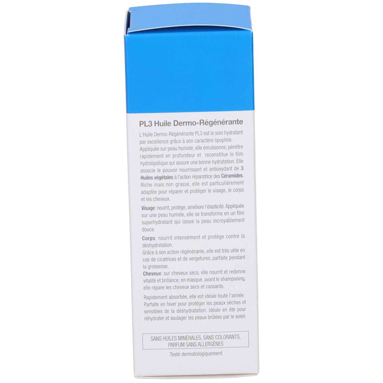 Confezione per Olio Dermo-Rigenerante PL3 con informazioni sul prodotto.