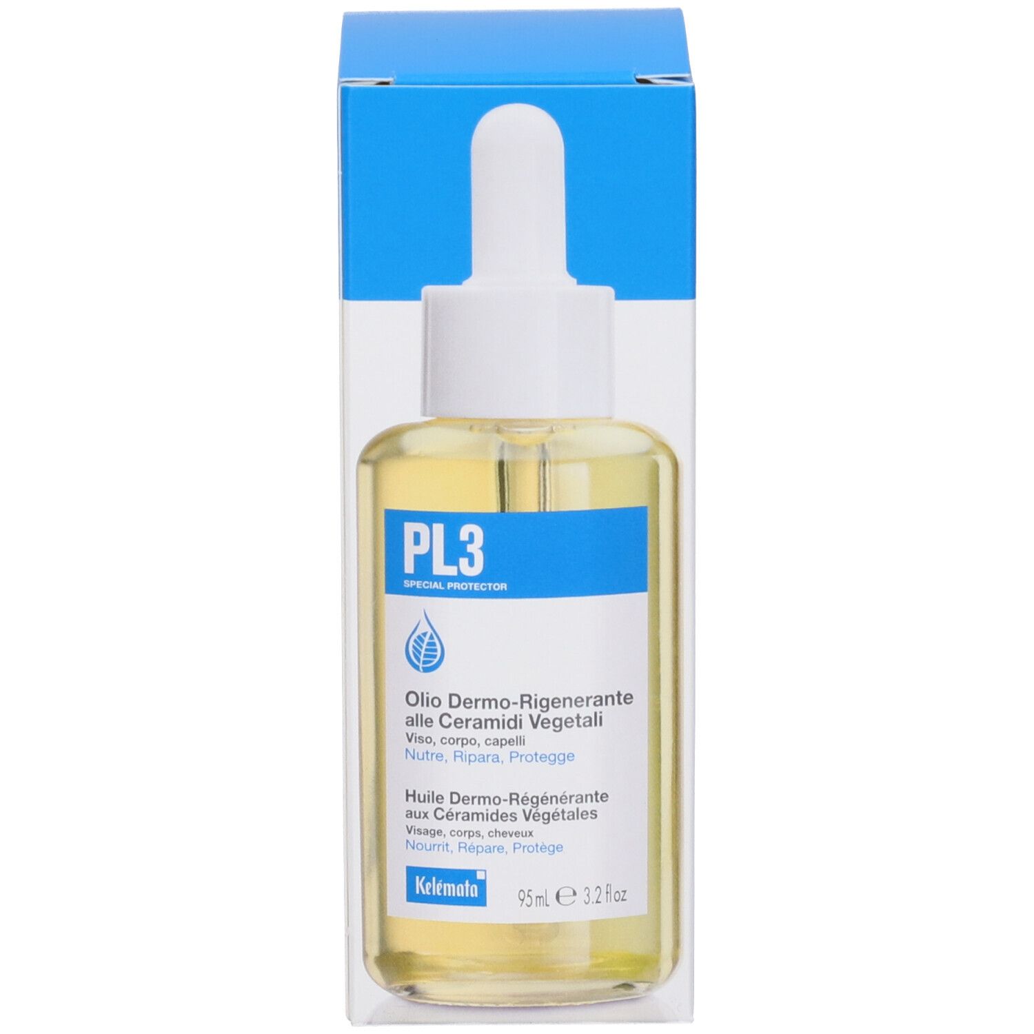 Olio PL3 rigenerante con ceramidi vegetali, flacone in vetro con contagocce. 95ml.