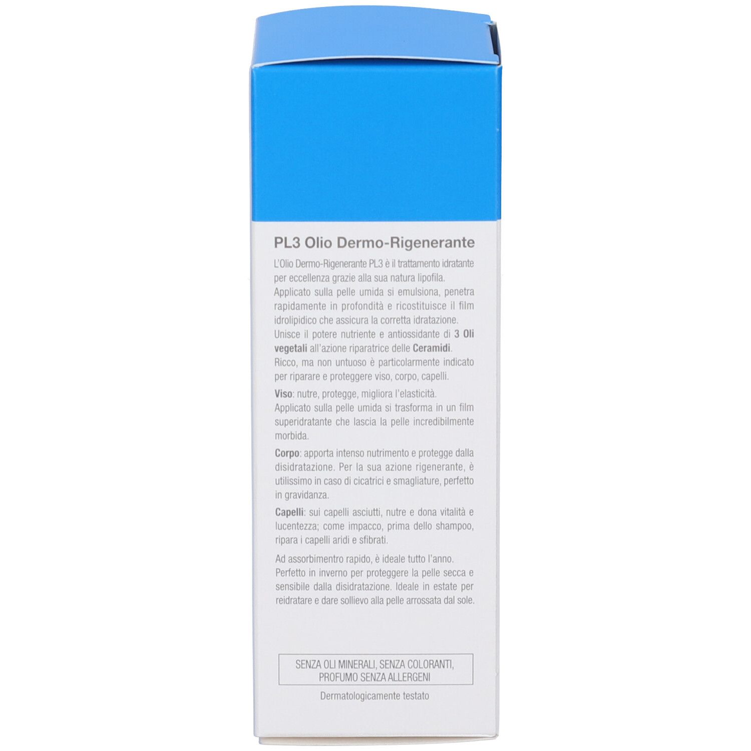 Confezione con informazioni testuali sull'olio PL3 Dermo-Rigenerante.