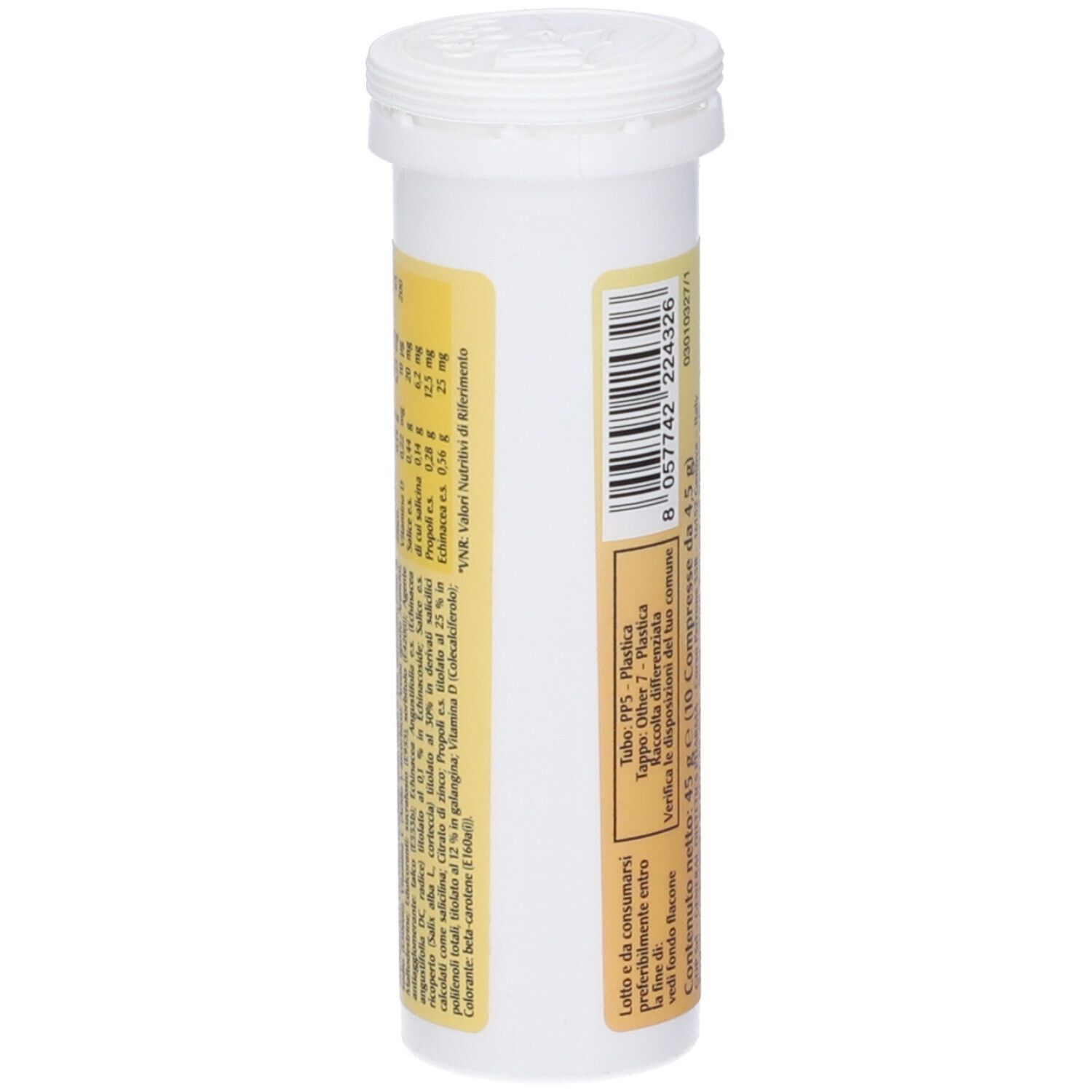 Vista laterale del tubo di compresse. Etichetta gialla con informazioni. Produttore e ingredienti.