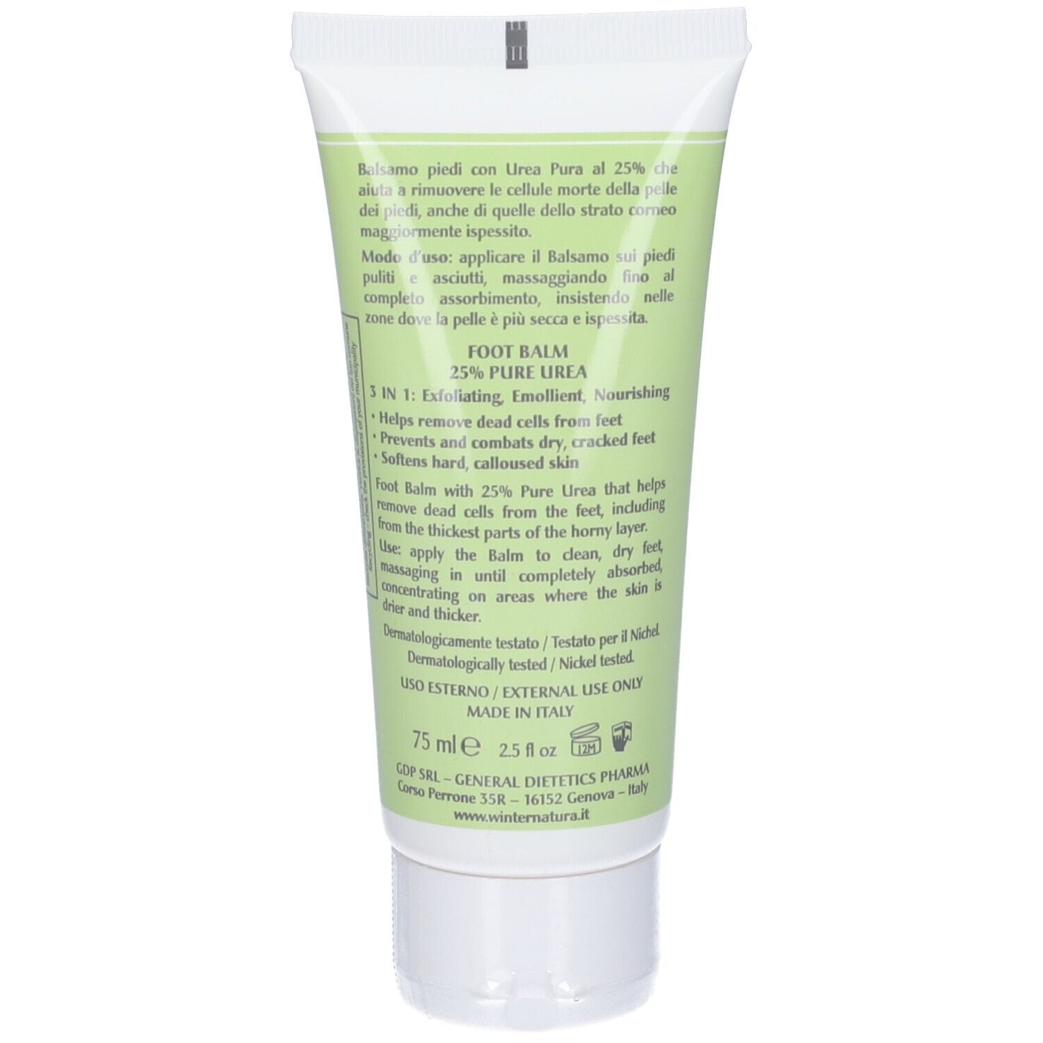 Retro del tubo di crema. Testo: Foot Balm 25% Pure Urea, 3 in 1. Ingredienti e istruzioni per l'uso. Formato: 75 ml.