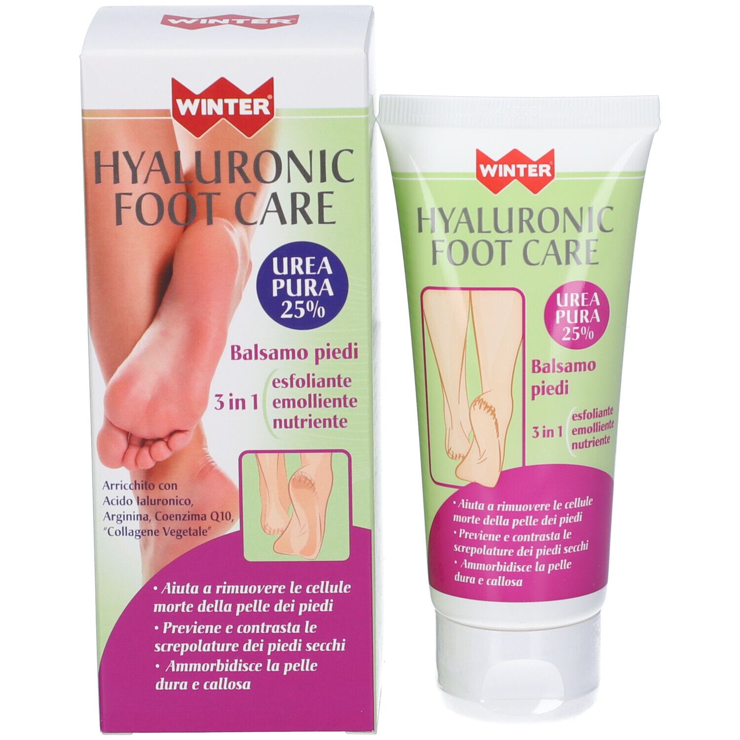 Confezione del prodotto e tubo. Testo: Hyaluronic Foot Care, Urea 25%, Balsamo piedi, 3 in 1. Illustrazione di piedi.