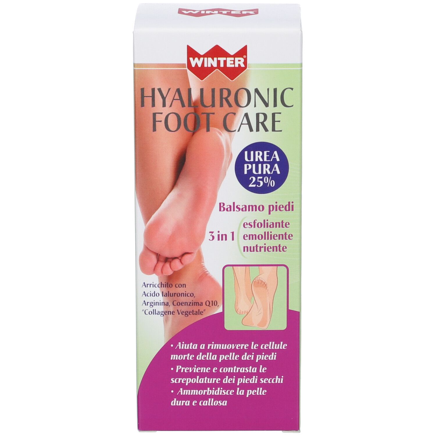 Confezione del prodotto. Testo: Hyaluronic Foot Care, Urea 25%, Balsamo piedi, 3 in 1. Illustrazione di piedi.