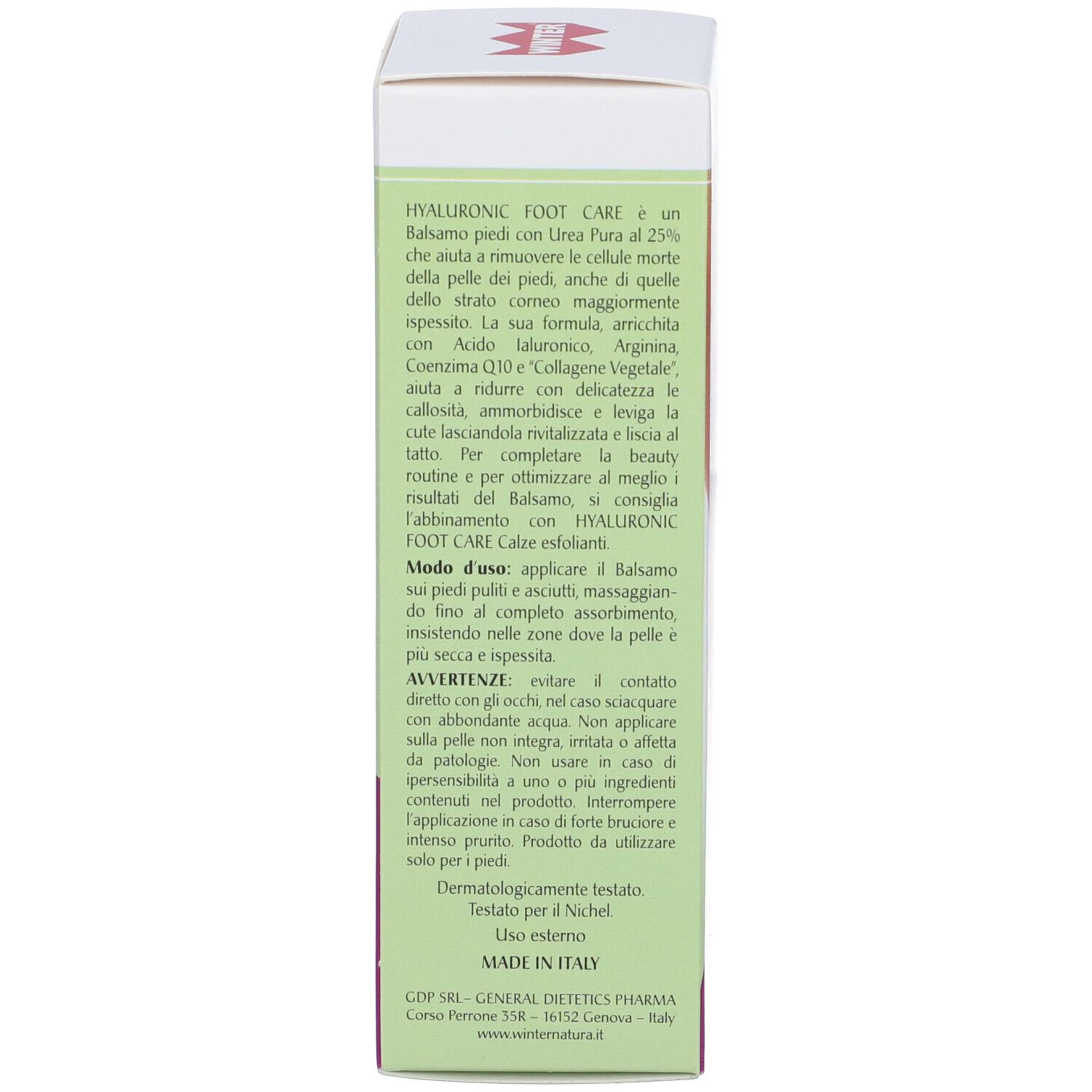 Retro della confezione del prodotto. Testo: Hyaluronic Foot Care, ingredienti, istruzioni per l'uso. Dermatologicamente testato.