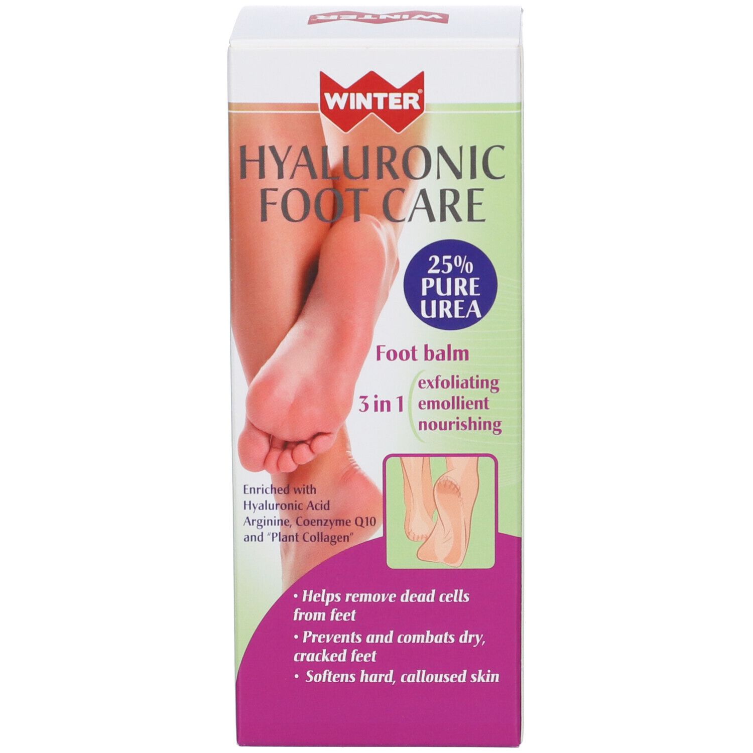 Fronte della confezione del prodotto. Testo: Hyaluronic Foot Care, 25% Pure Urea, Foot balm, 3 in 1. Ingredienti.