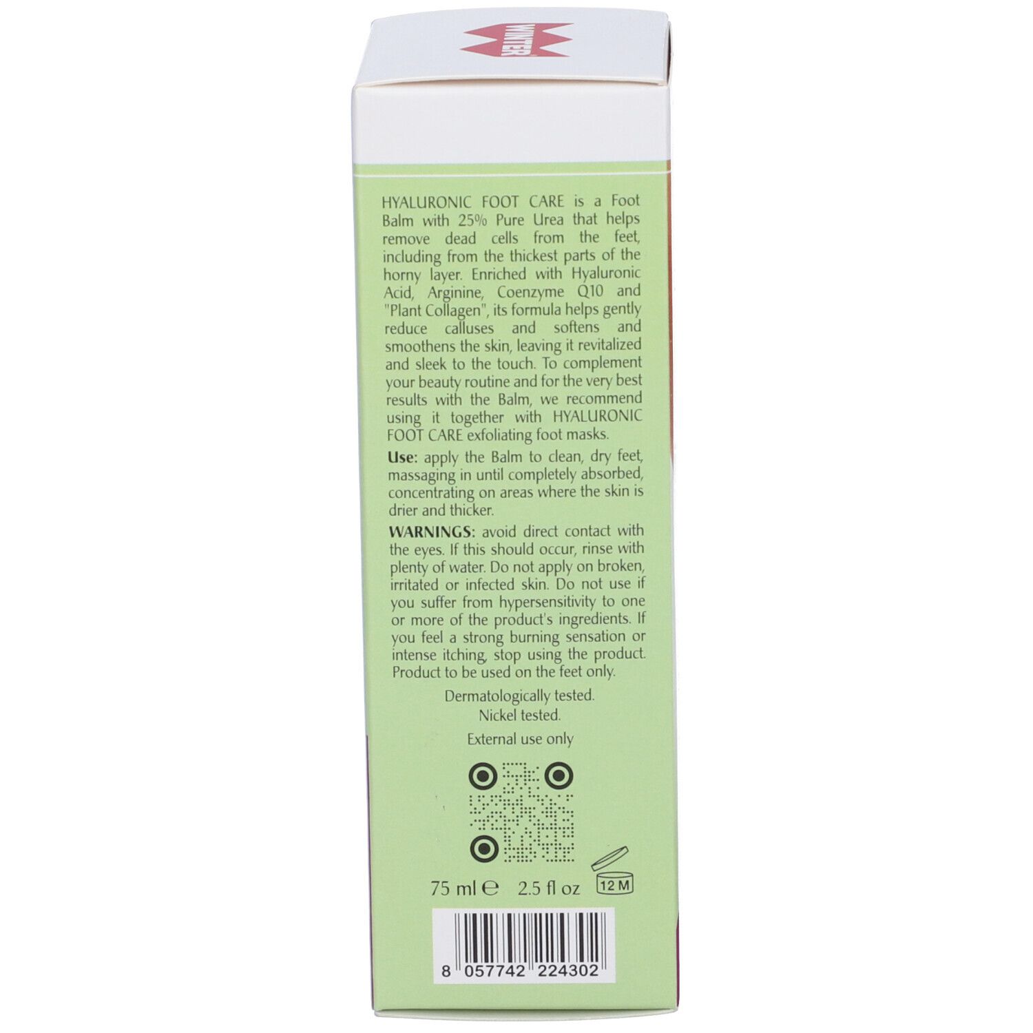 Retro della confezione del prodotto. Testo: Hyaluronic Foot Care, ingredienti, istruzioni per l'uso. Formato: 75 ml.