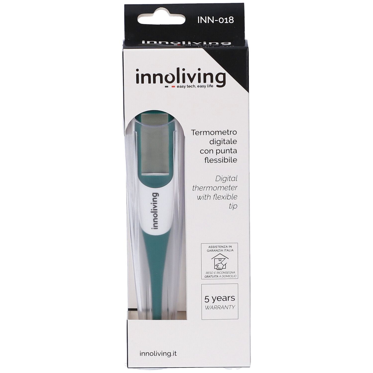 Termometro digitale con punta flessibile in confezione. Marchio: innoliving. 5 anni di garanzia.