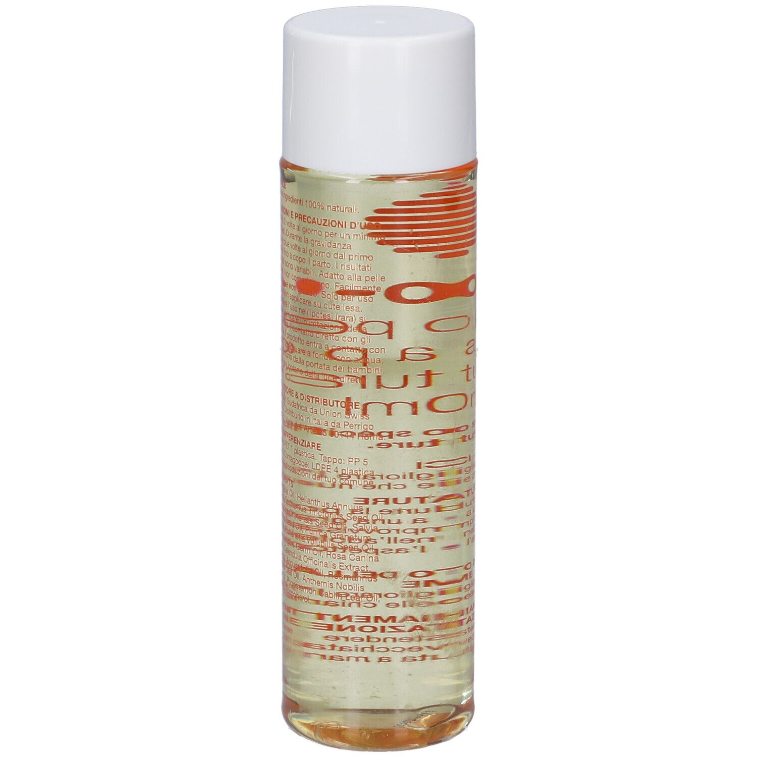 Flacone di Bio-Oil®, trasparente, tappo bianco. Etichetta con testo in diverse lingue.