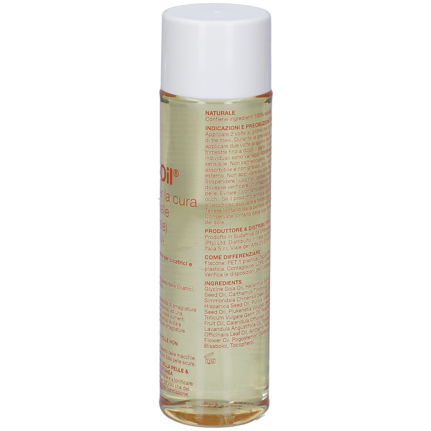 Flacone di Bio-Oil®, trasparente, tappo bianco. Etichetta con testo in diverse lingue.