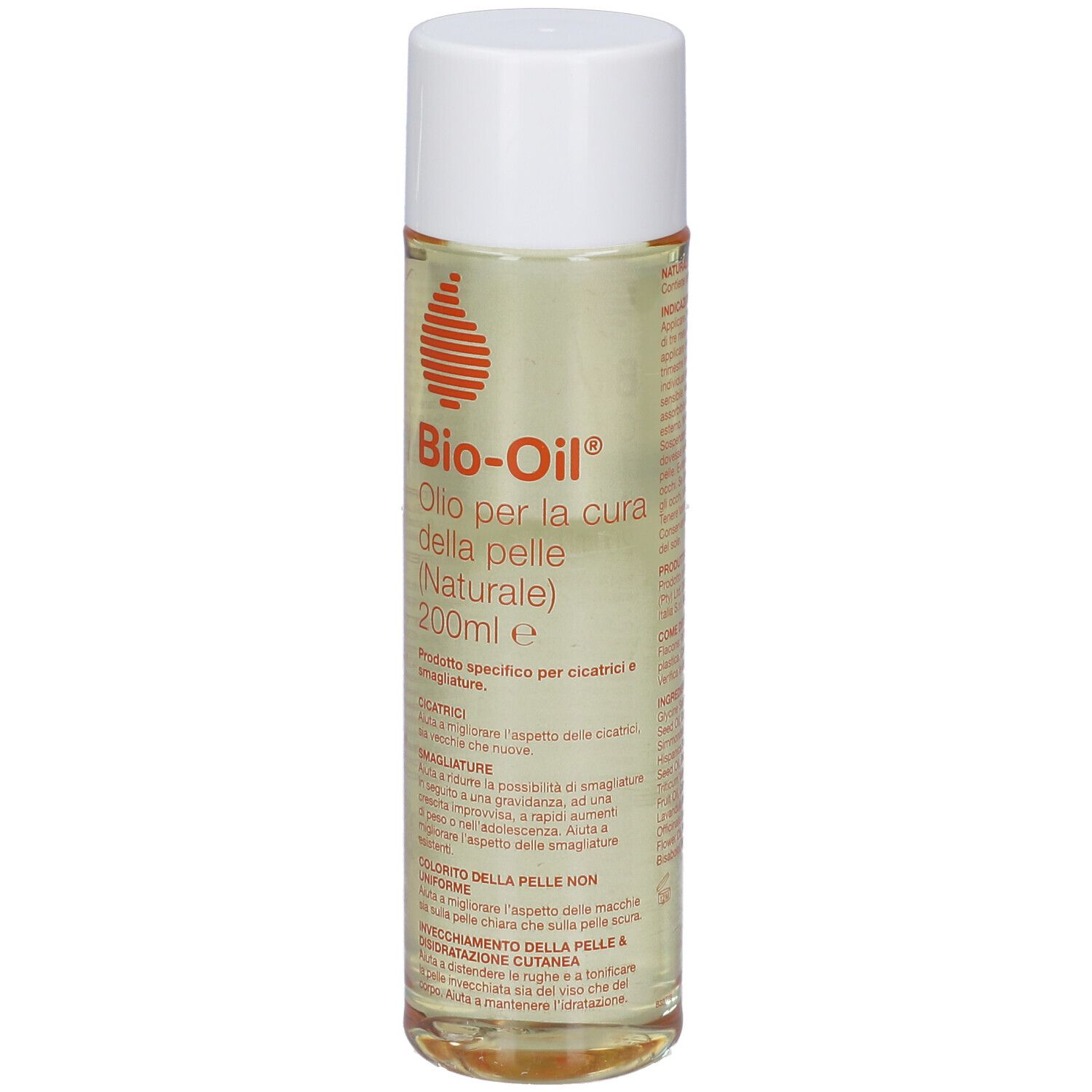 Flacone Bio-Oil®, trasparente, tappo bianco. Etichetta con nome del prodotto e testo in italiano.