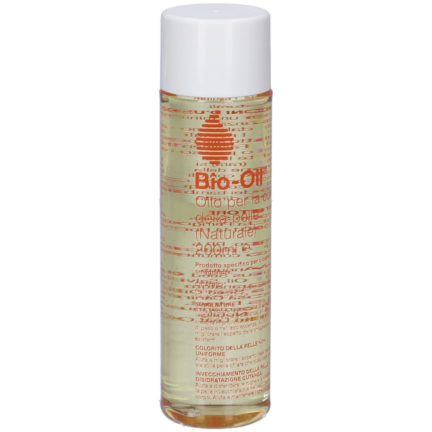 Flacone Bio-Oil®, trasparente, tappo bianco. Etichetta con nome del prodotto e testo in italiano.