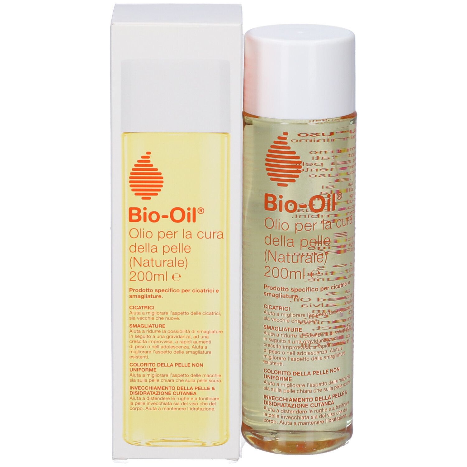 Flacone e confezione Bio-Oil®. Flacone trasparente, tappo bianco. Confezione bianca con nome del prodotto.