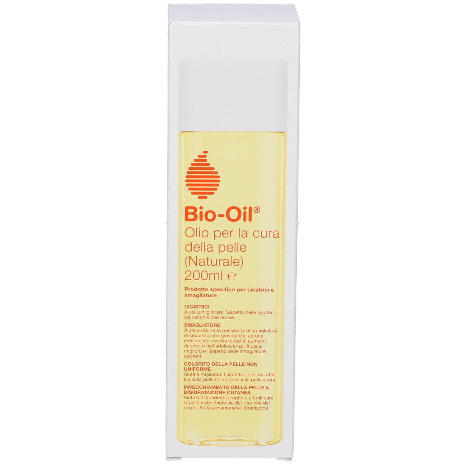 Flacone e confezione Bio-Oil®. Flacone trasparente, tappo bianco. Confezione bianca con nome del prodotto.