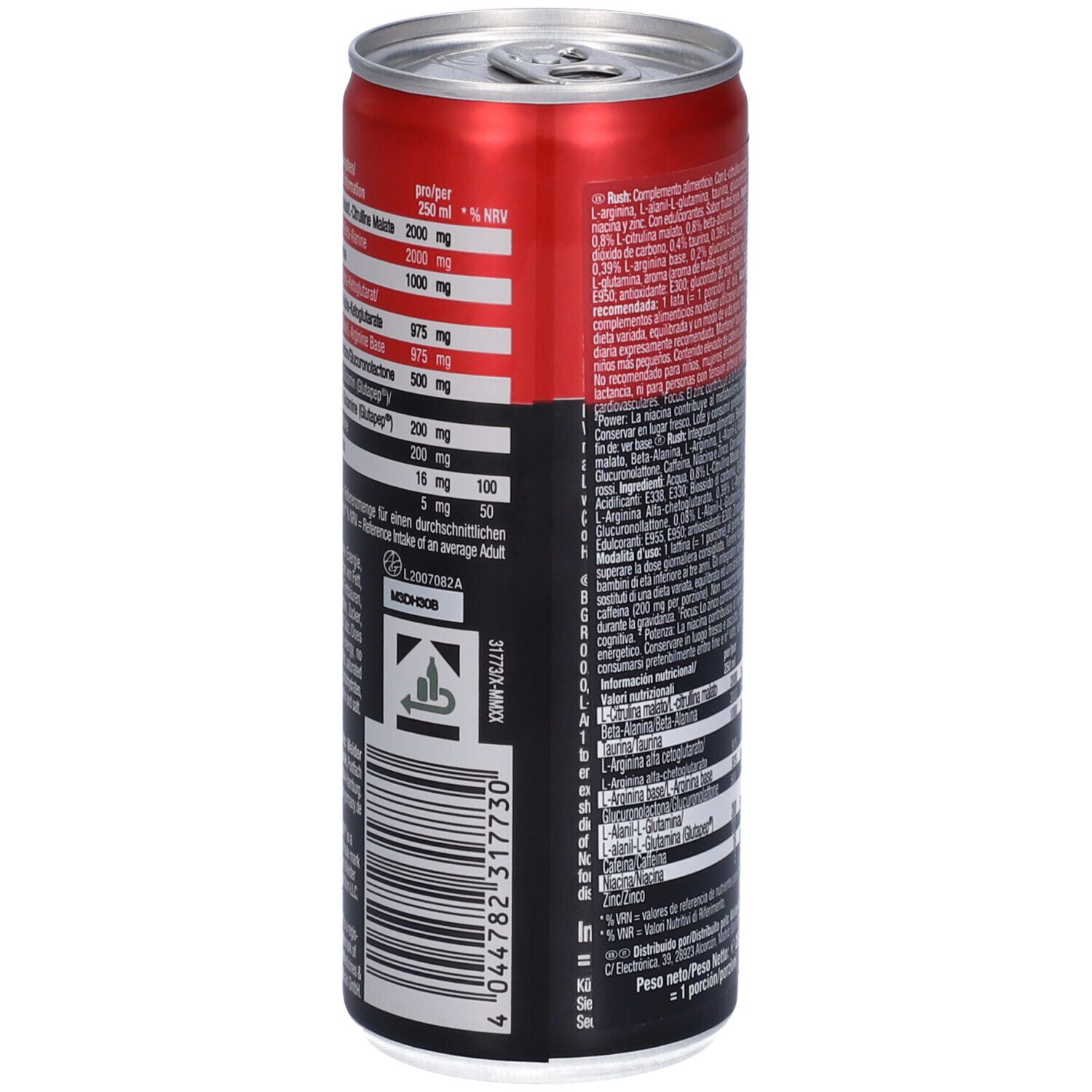 Lattina rossa e nera con informazioni nutrizionali. Contiene informazioni sugli ingredienti. Lattina da 250ml.