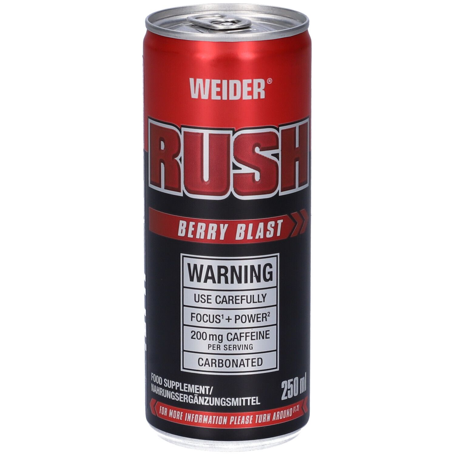 Lattina rossa e nera "WEIDER RUSH Berry Blast". Contiene 200mg di caffeina. Lattina da 250ml.